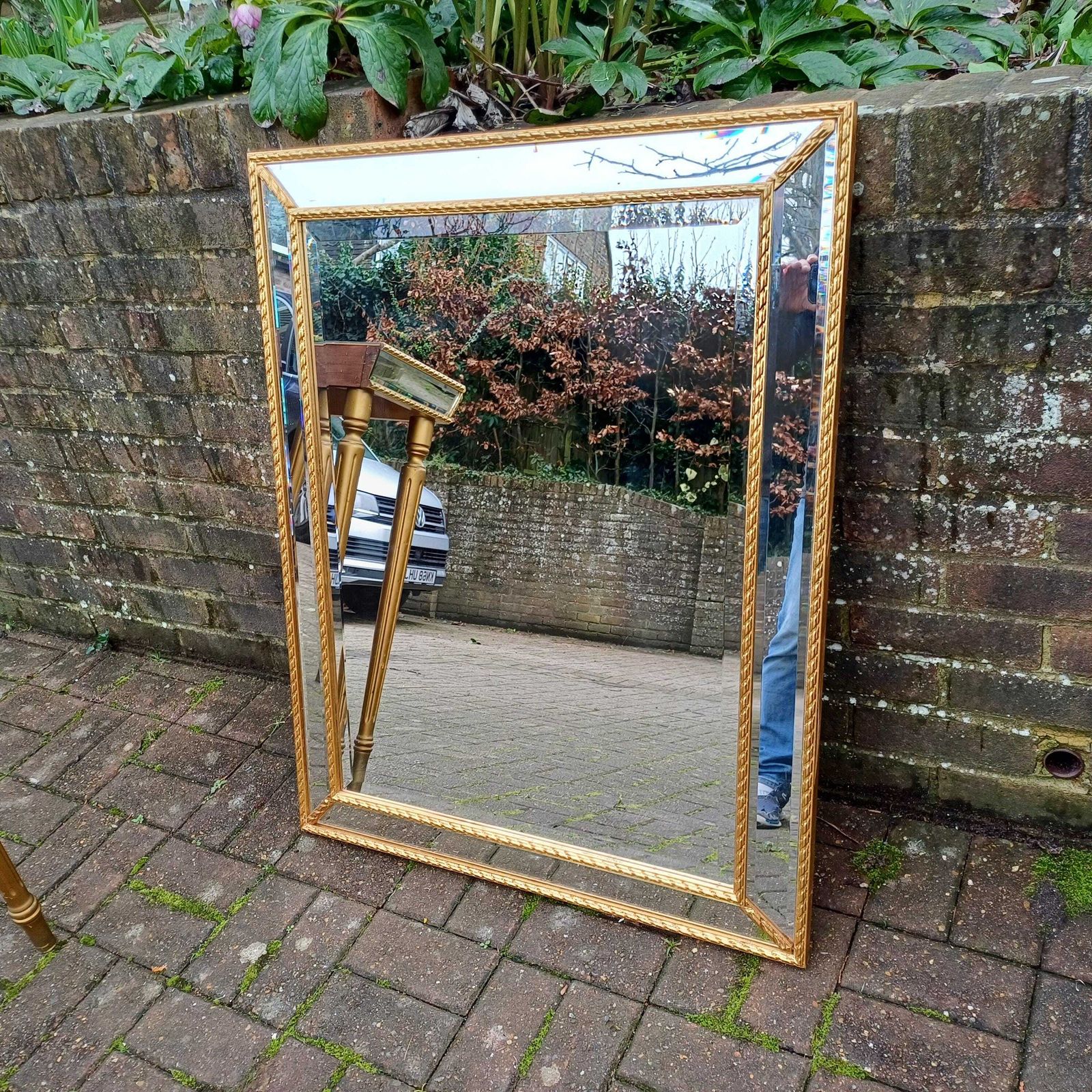 Vintage Glamorous 1980s Retro Bevelled Mirror And Gold Side Console Table And Accompanying Original Mirror photo vinterior