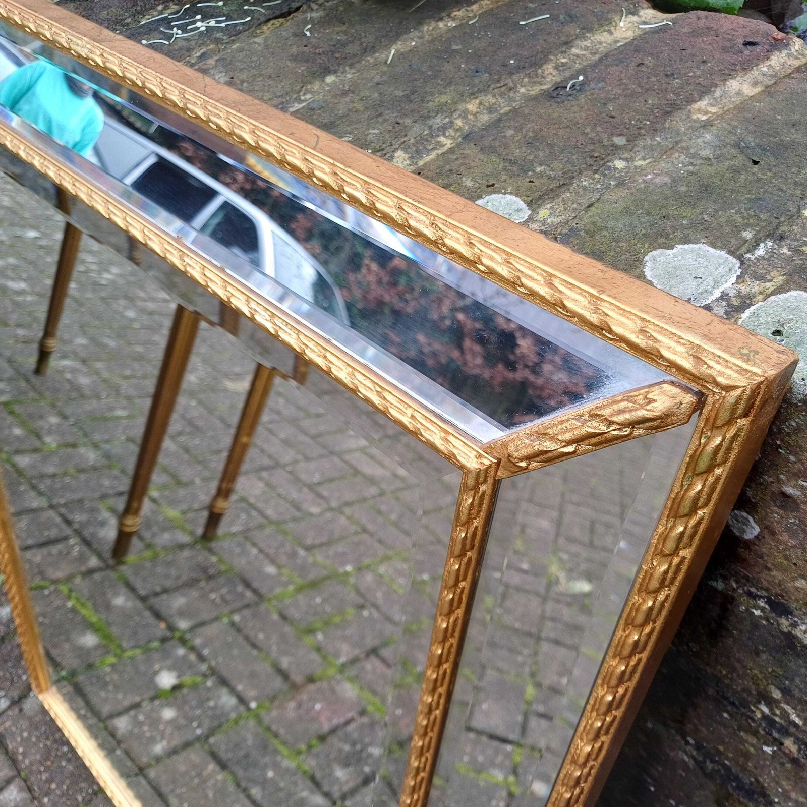 Vintage Glamorous 1980s Retro Bevelled Mirror And Gold Side Console Table And Accompanying Original Mirror photo buy