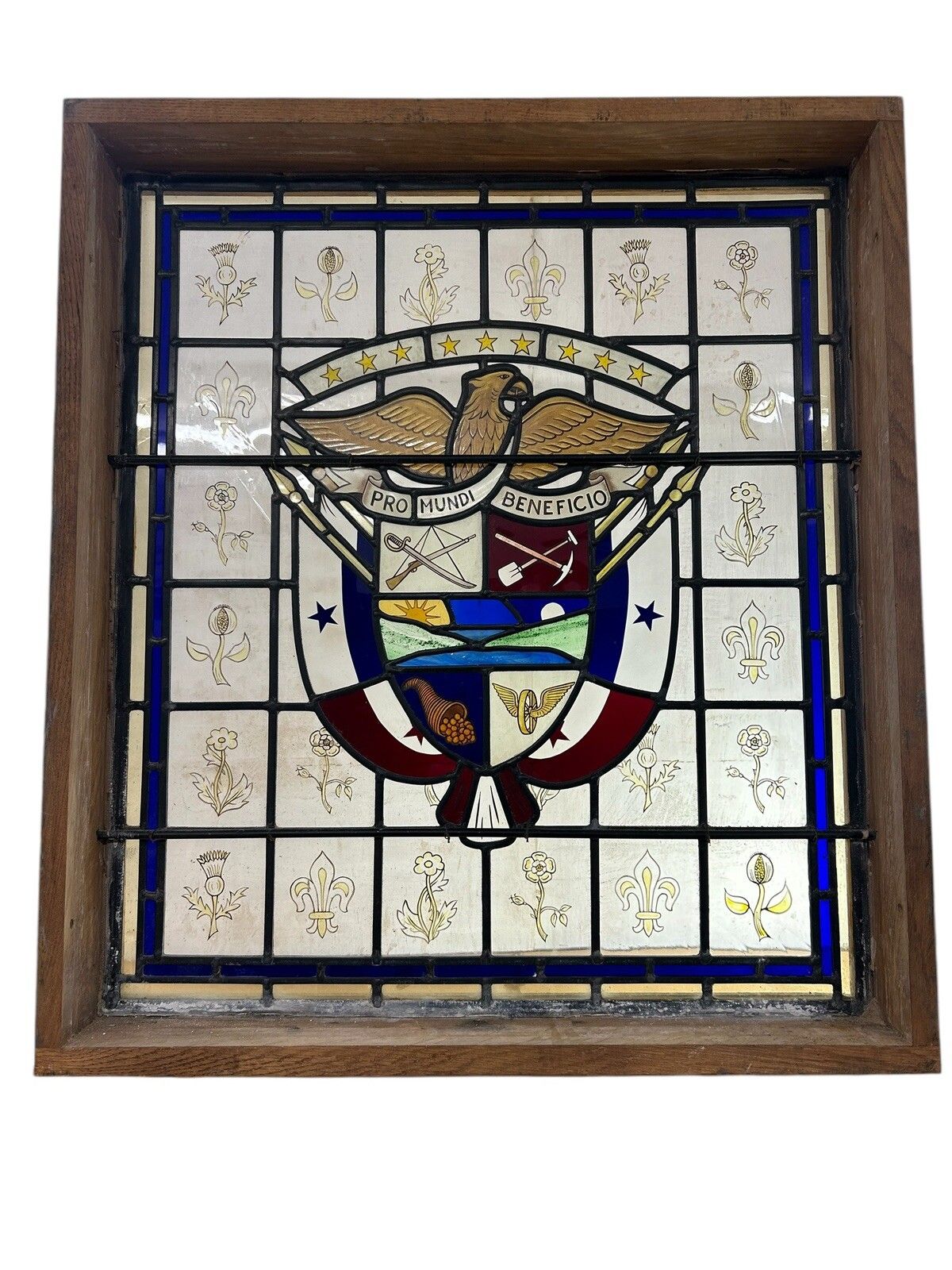 Stained Glass Window Panel Hand Painted Restored Lead Oak Frame Unique Hand Made
