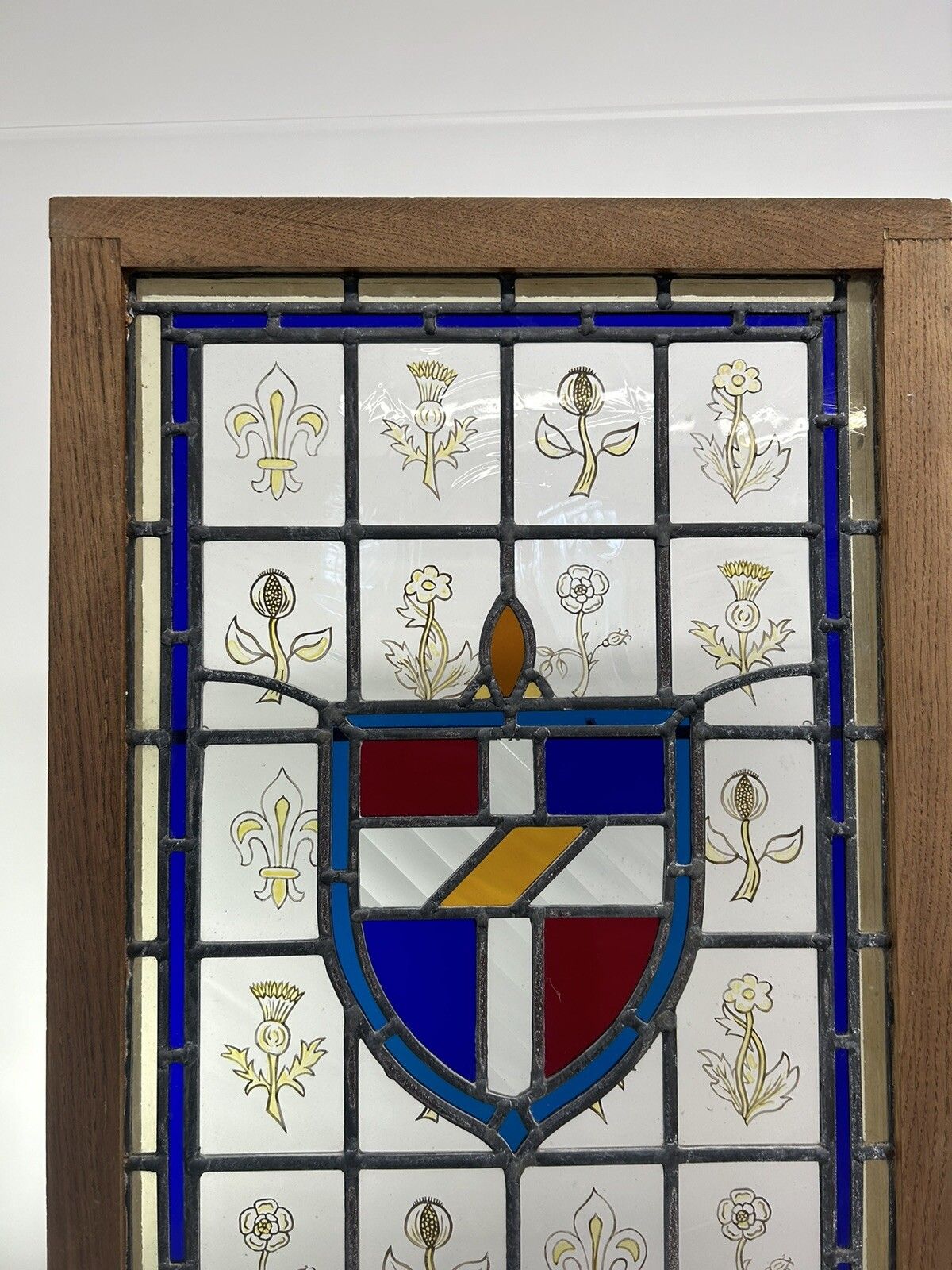 Stained Glass Window Panel Hand Painted Restored Lead Oak Frame Unique Hand Made photo 1175.0
