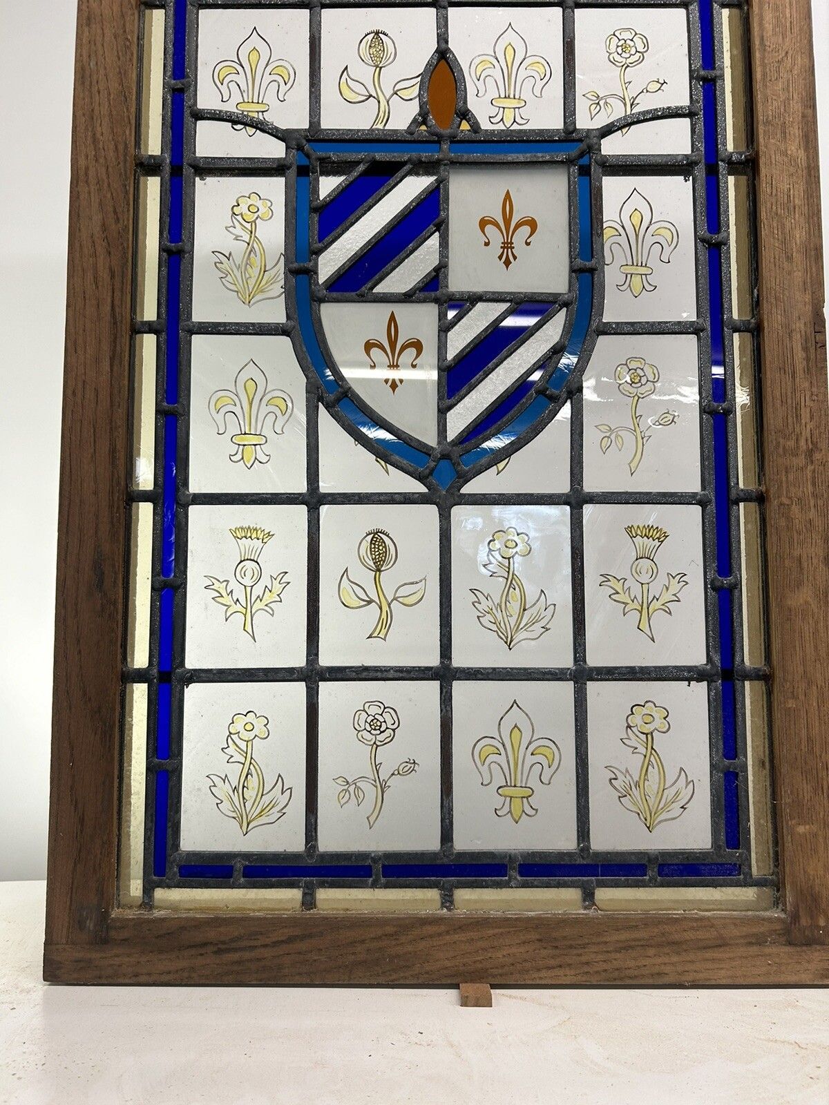 Stained Glass Window Panel Hand Painted Restored Lead Oak Frame Unique Hand Made photo vinterior