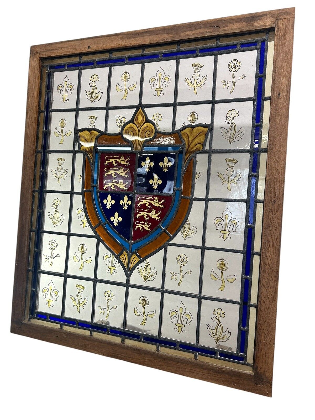 Stained Glass Window Panel Hand Painted Restored Lead Oak Frame Unique Hand Made photo for sale