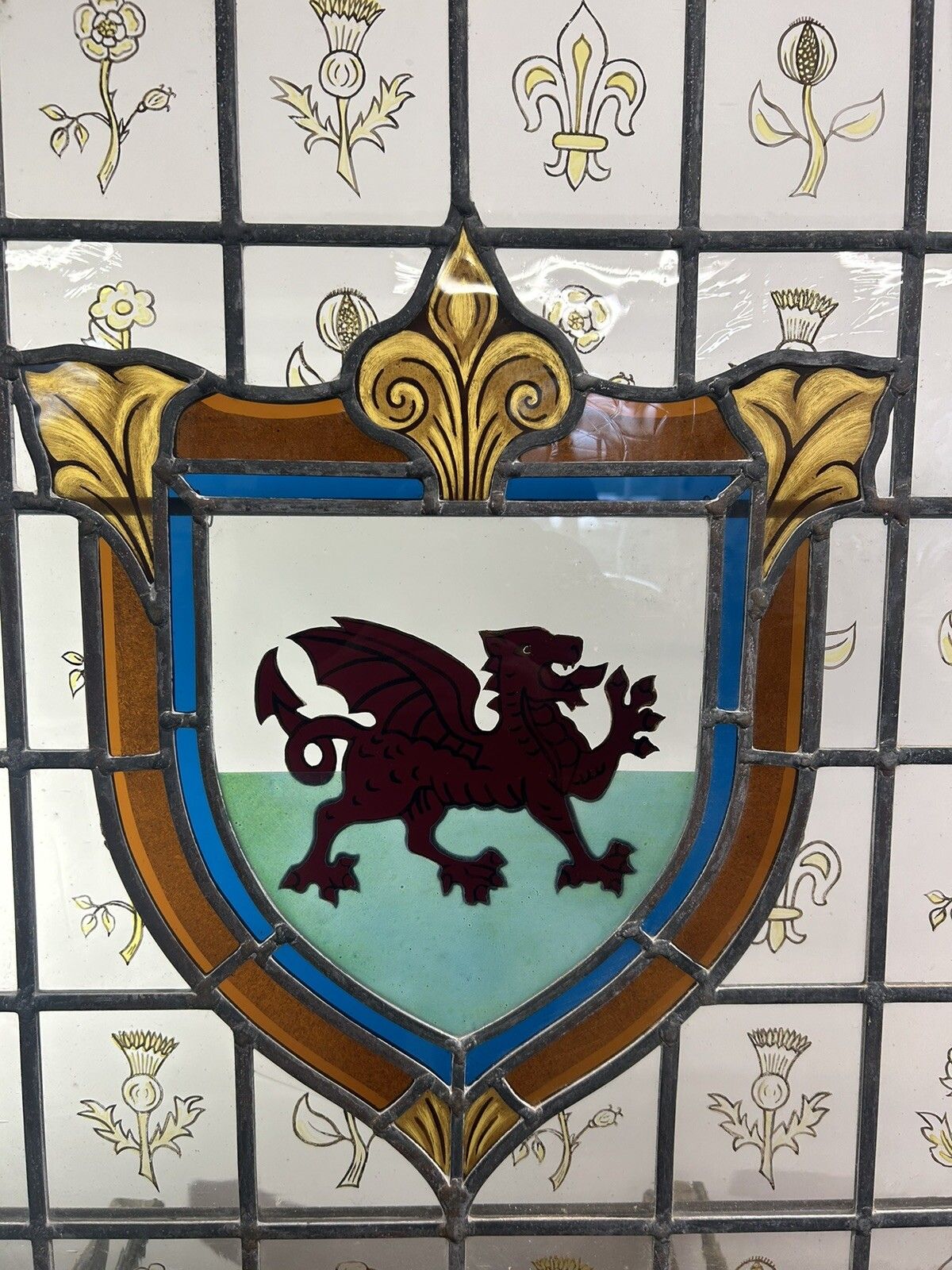 Stained Glass Window Panel Hand Painted Restored Lead Oak Frame Unique Hand Made photo 2065.0