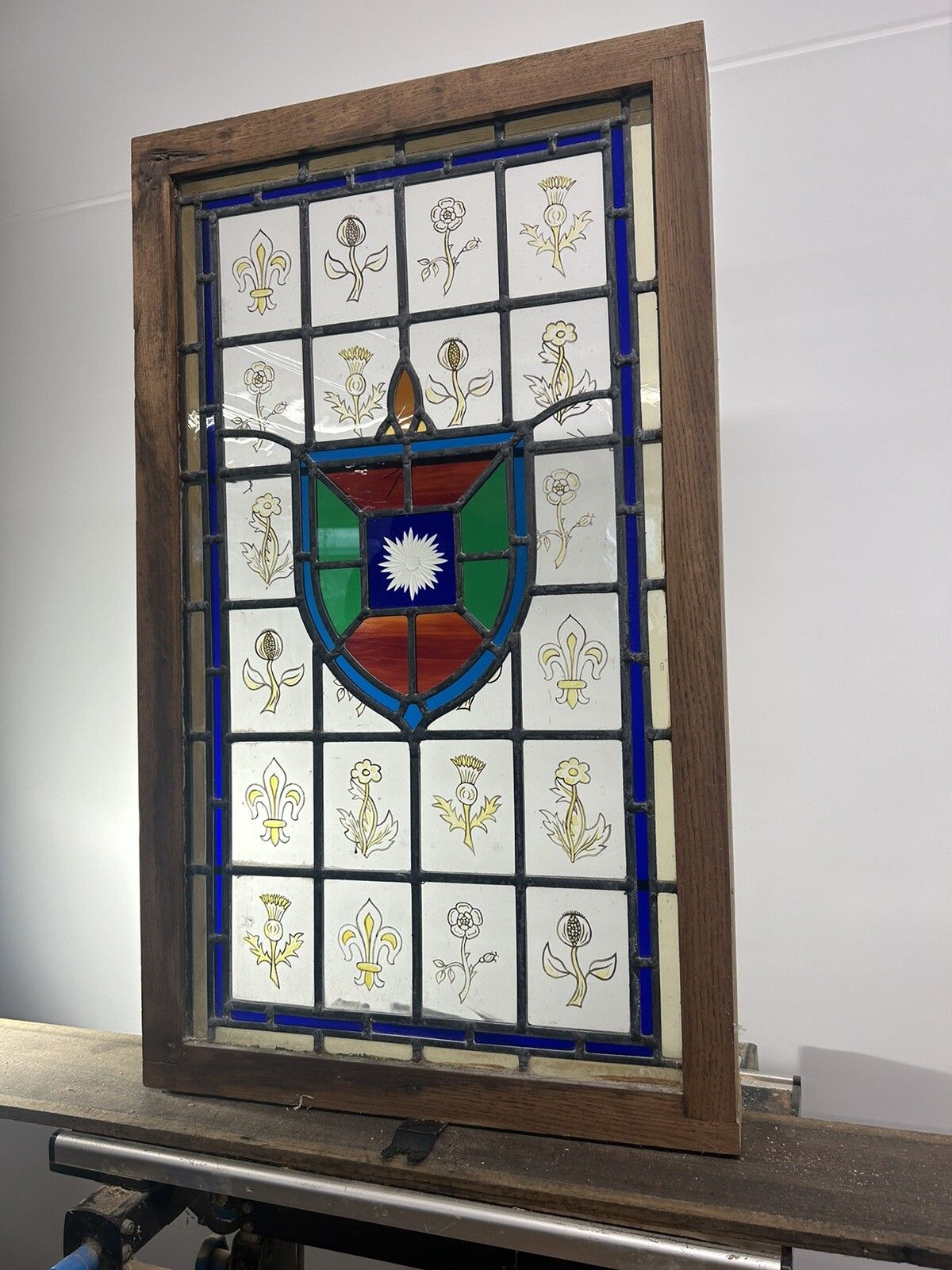 Stained Glass Window Panel Hand Painted Restored Lead Oak Frame Unique Hand Made photo vintage