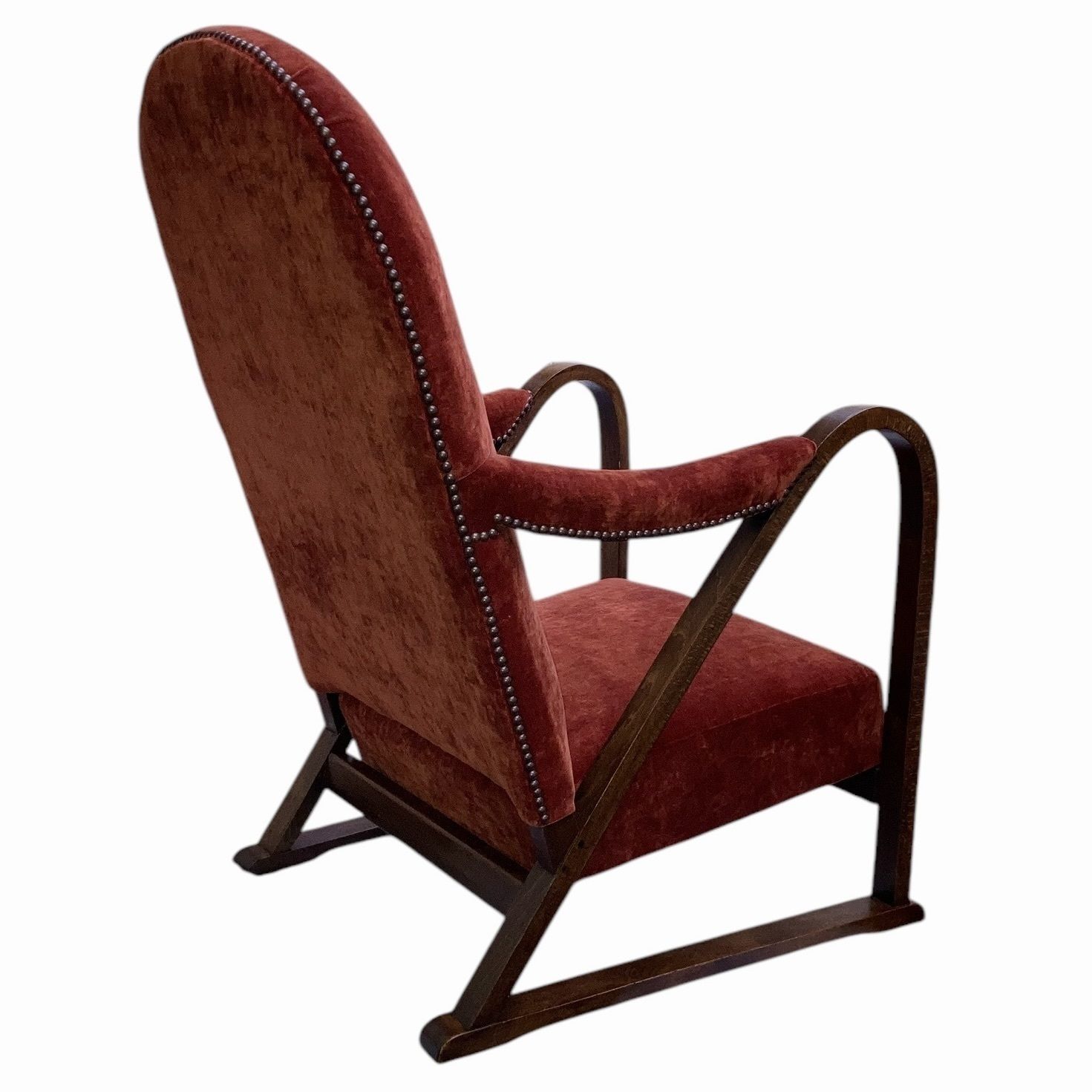 Rare Shaped Art Deco Armchair With Bentwood Frame: Redcurrant  Velvet And Bronze Tack Detailing photo Furniture