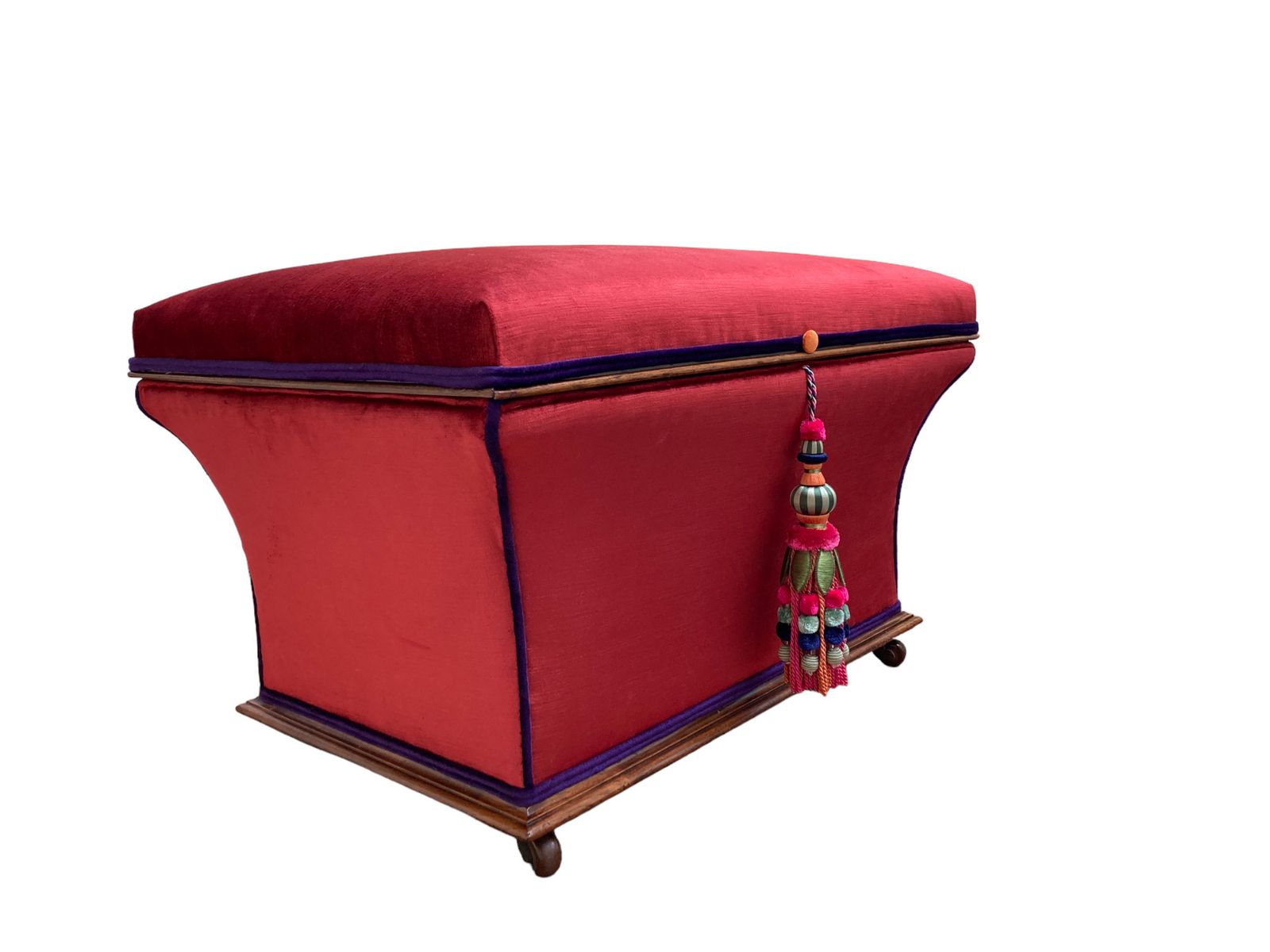 Large Victorian Concave Ottoman  In Walnut Fully Restored Ands Upholstered In Italian Made Velvet With A Tassel photo furniture