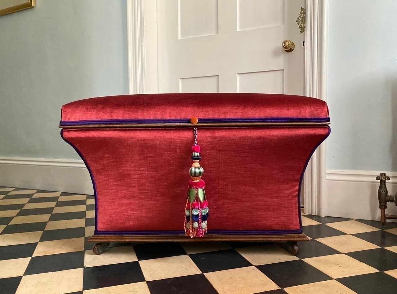 Large Victorian Concave Ottoman  In Walnut Fully Restored Ands Upholstered In Italian Made Velvet With A Tassel photo for sale