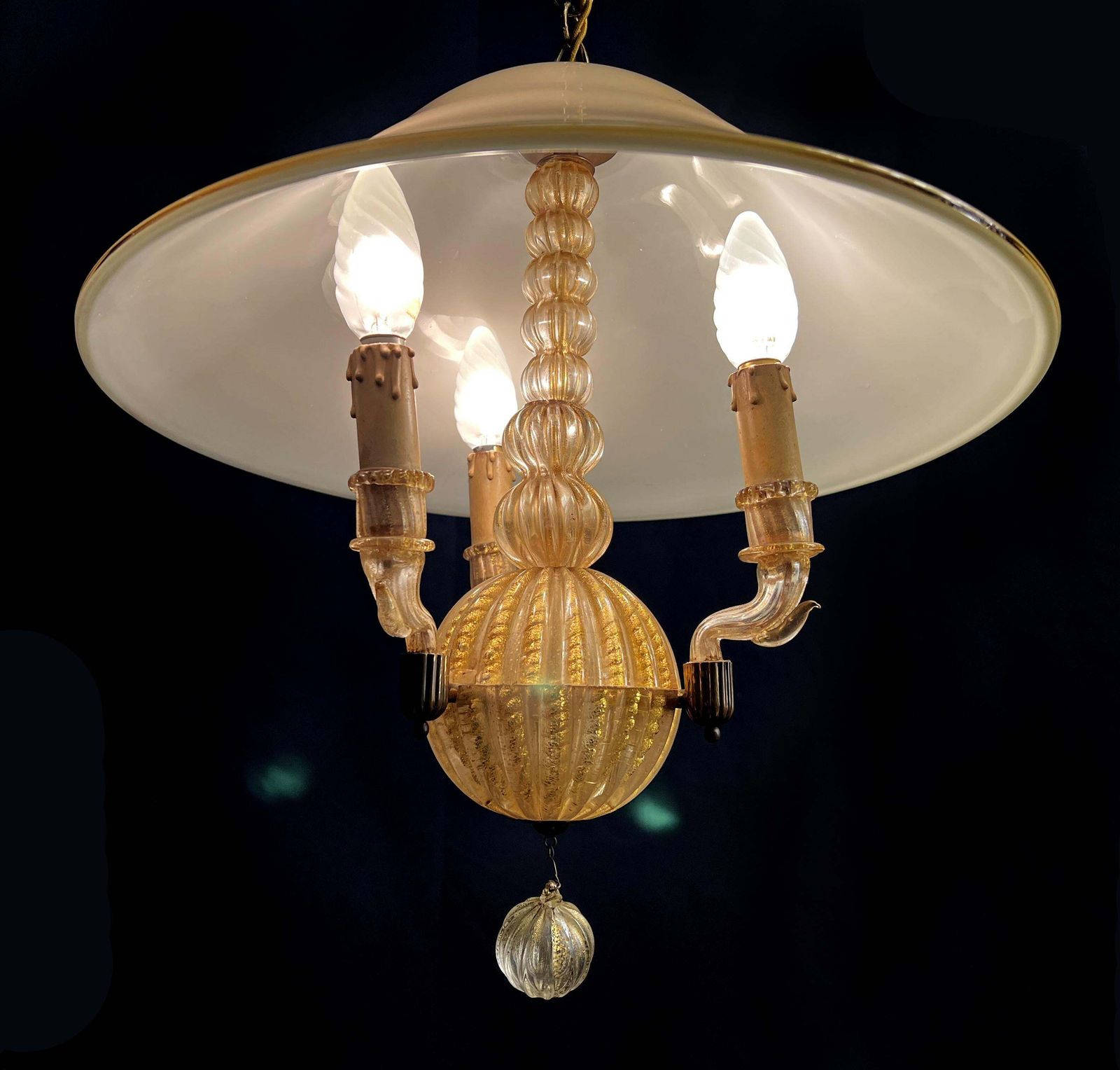 photo vinterior Italian Chandelier Gold Inclusion By Barovier & Toso, Murano, 1940s