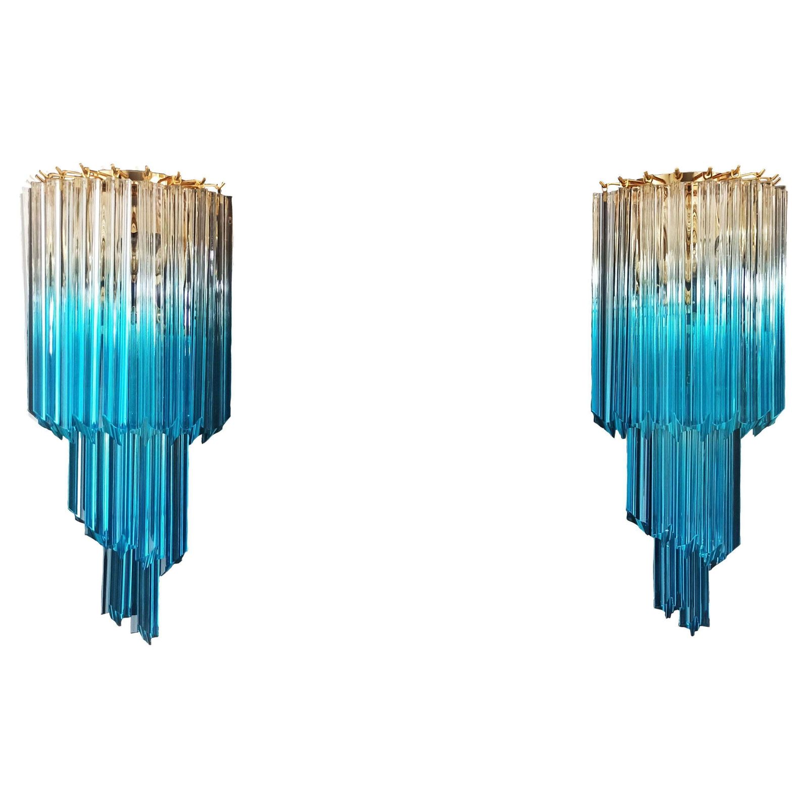 Elegant Pair Of Vintage Murano Wall Sconce   32 Quadriedri Trasparent And Blue