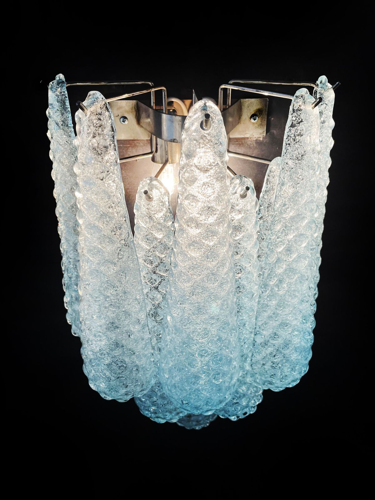 Lighting Elegant Pair Of Vintage Blue Glass Petals Drop Wall Sconce, Murano, 1970 photo