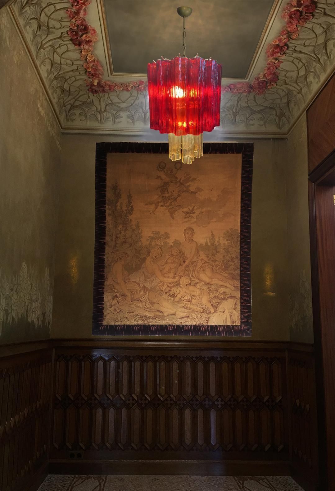 Amazing Pair Of Italian Red And Gold Chandeliers By Valentina Planta, Murano photo Lighting