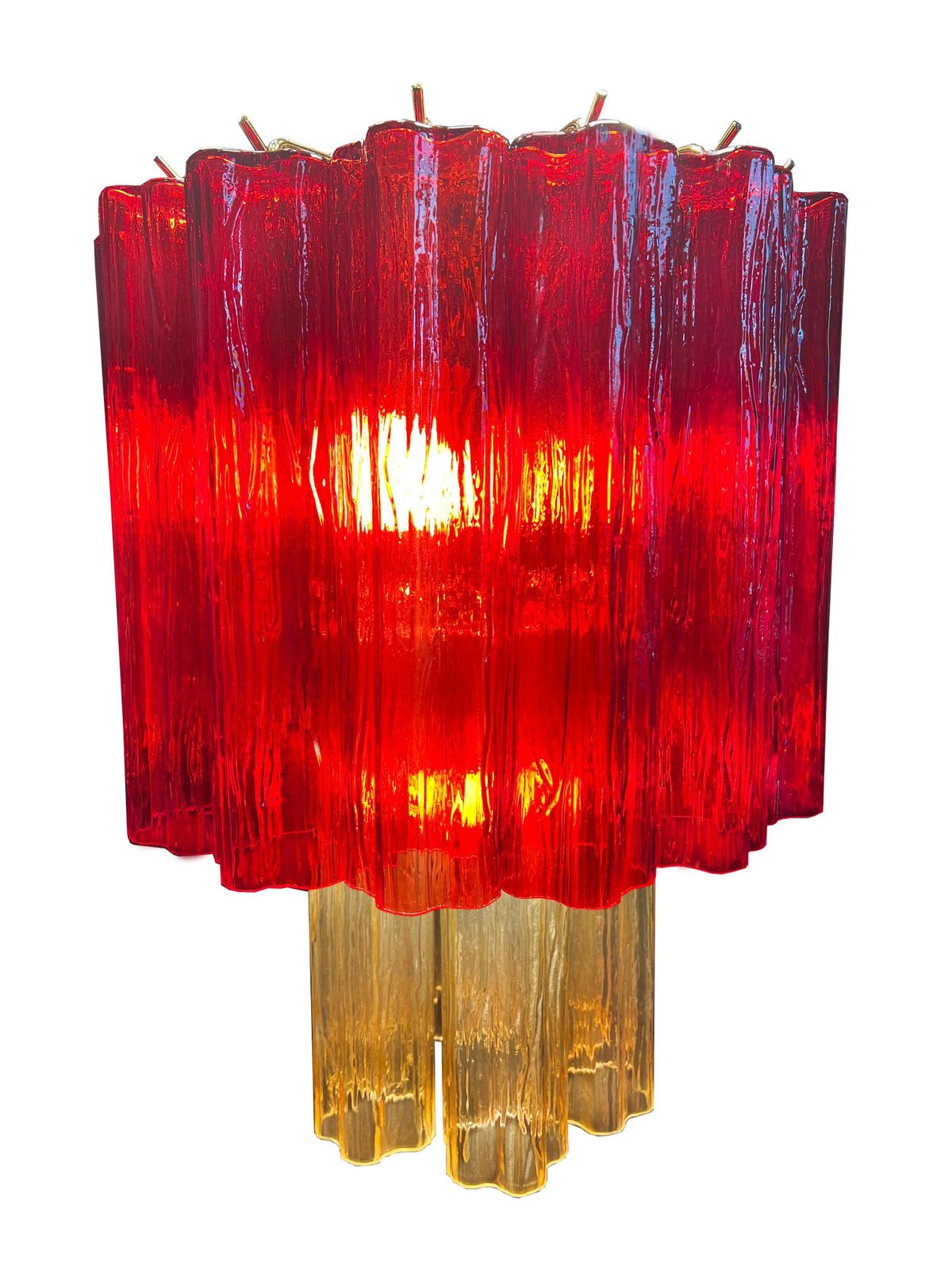 photo for sale Amazing Pair Of Italian Red And Gold Chandeliers By Valentina Planta, Murano