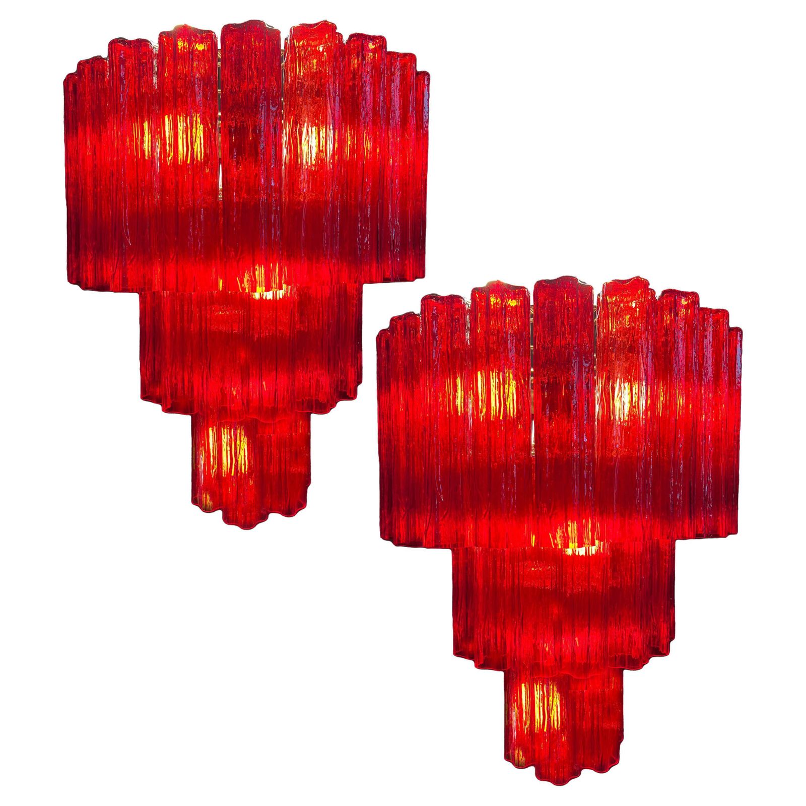 Amazing Pair Of Italian Red Chandeliers By Valentina Planta, Murano