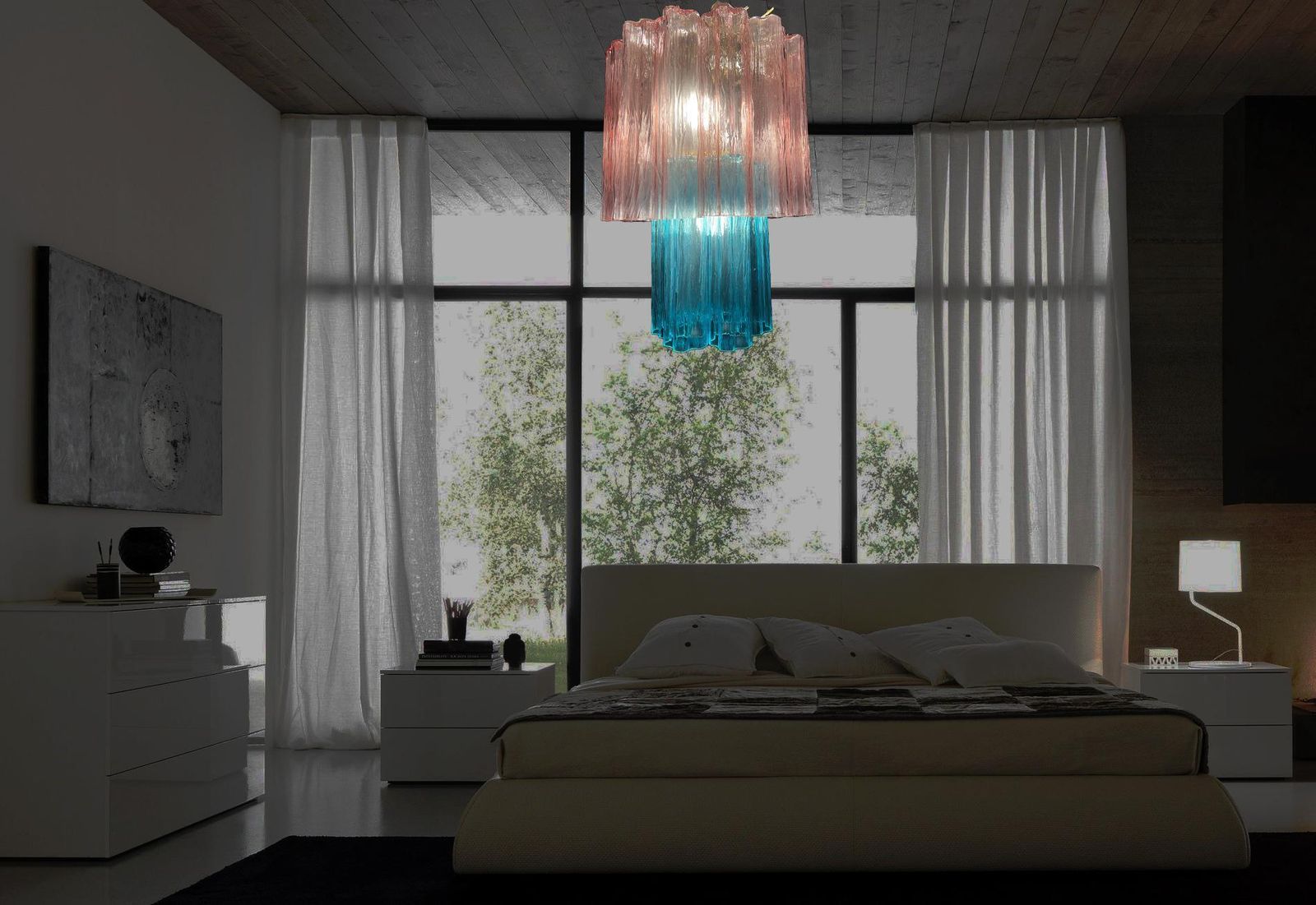 Amazing Pair Of Italian Pink Blue Chandeliers By Valentina Planta, Murano photo vintage