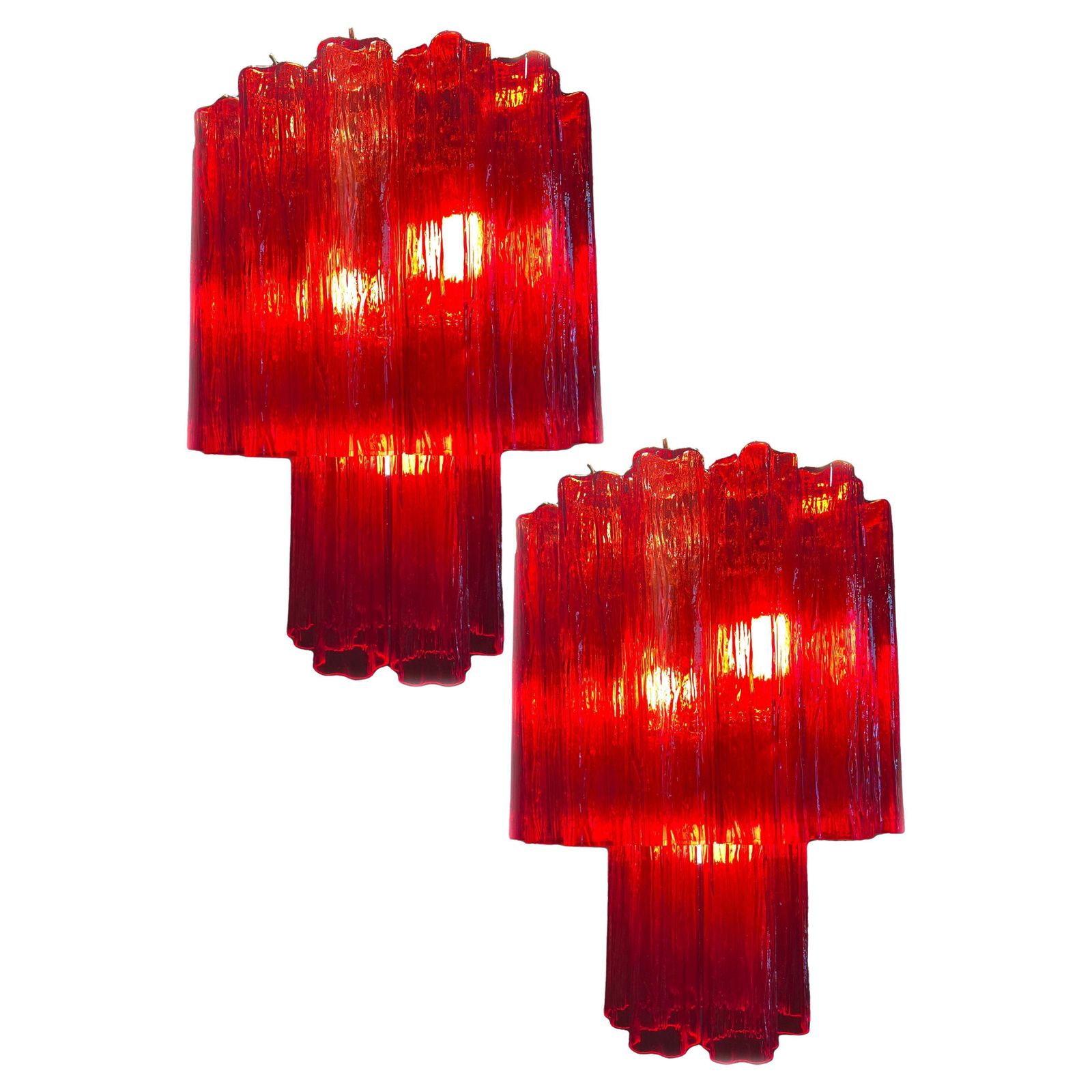 Amazing Pair Of Italian Ruby Red Chandeliers, Murano By Valentina Planta photo furniture