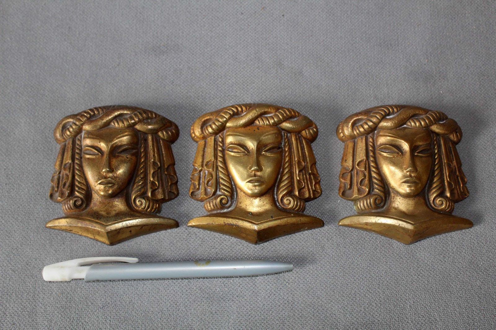 Set Of Three Antique French Bronze Pediment Or Ornament, Furniture Decoration, Empire Regency, Lady, Embellishment Salvage, Restoration photo furniture
