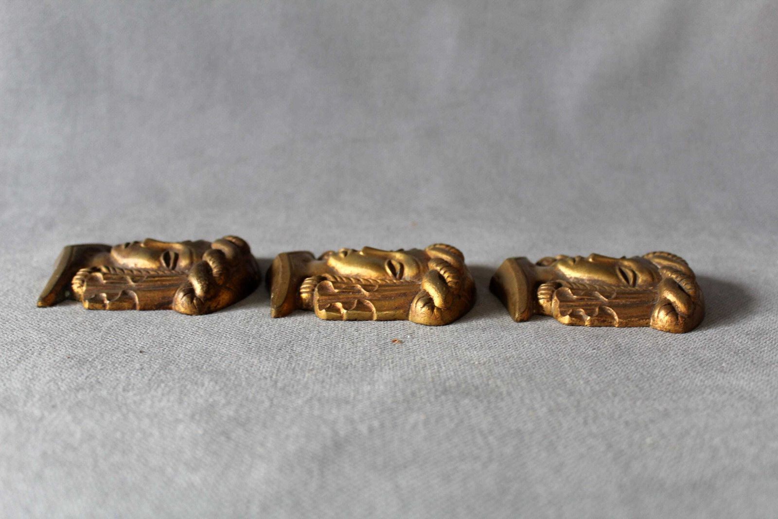 Set Of Three Antique French Bronze Pediment Or Ornament, Furniture Decoration, Empire Regency, Lady, Embellishment Salvage, Restoration photo vintage