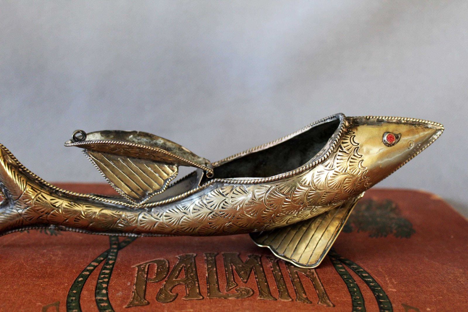 Vintage Silver Metal Fish Shaped Box, Spice Box, Trinket Box, Koi Carpe, Hand Made, Folk Art, Red Eyes, Desk Top, Novelty, Sea Ocean photo Home Decor