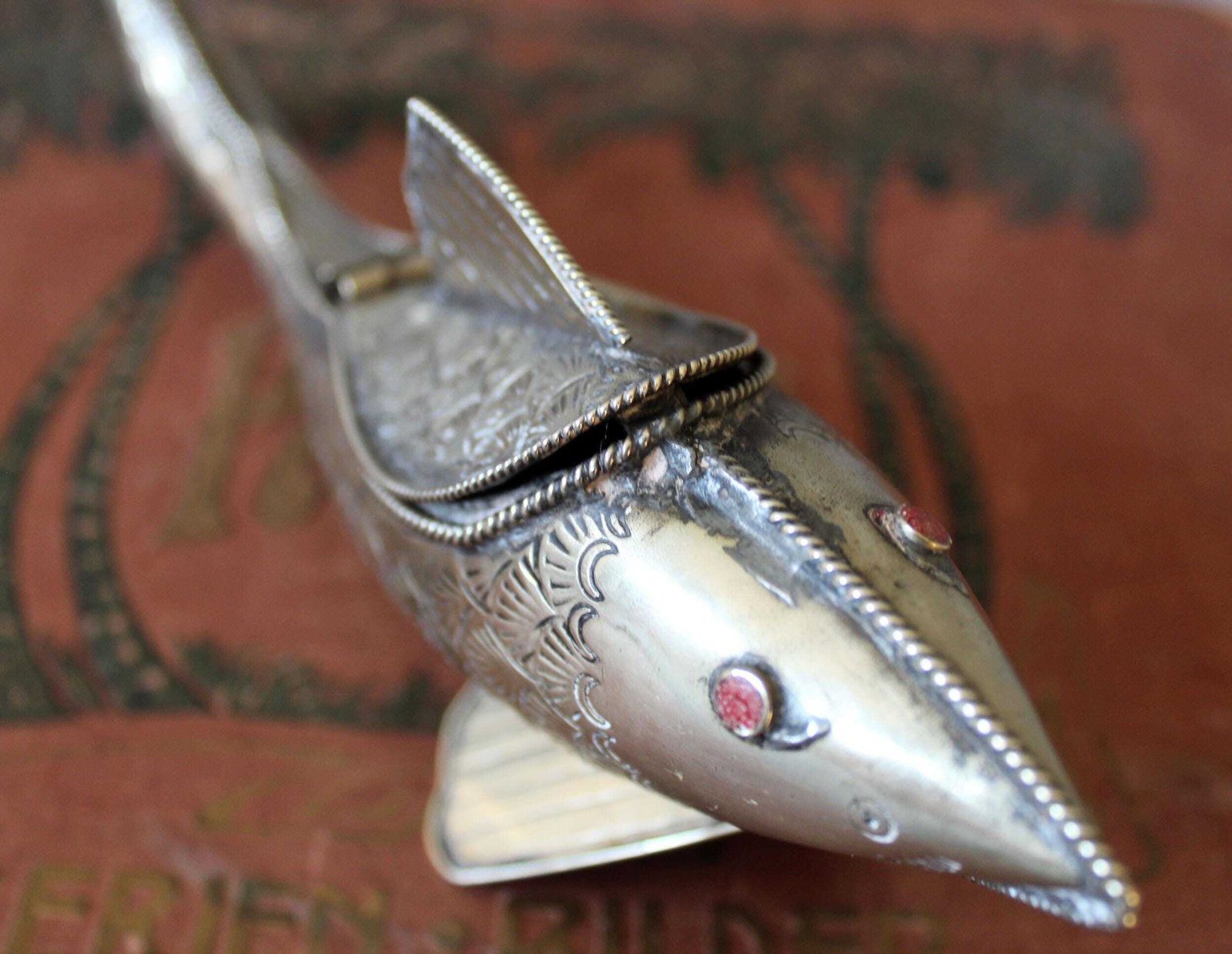 Vintage Silver Metal Fish Shaped Box, Spice Box, Trinket Box, Koi Carpe, Hand Made, Folk Art, Red Eyes, Desk Top, Novelty, Sea Ocean photo buy
