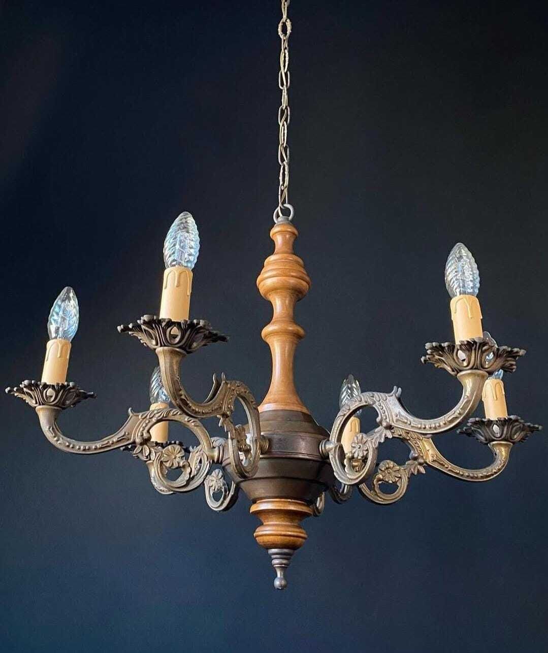 Large Wood Antique Chandelier, 1960s photo Lighting