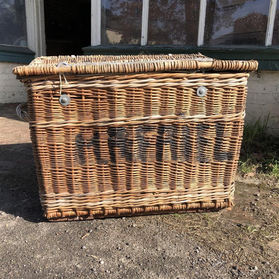 Large Vintage Hotel Laundry Basket With Lid, On Wheels