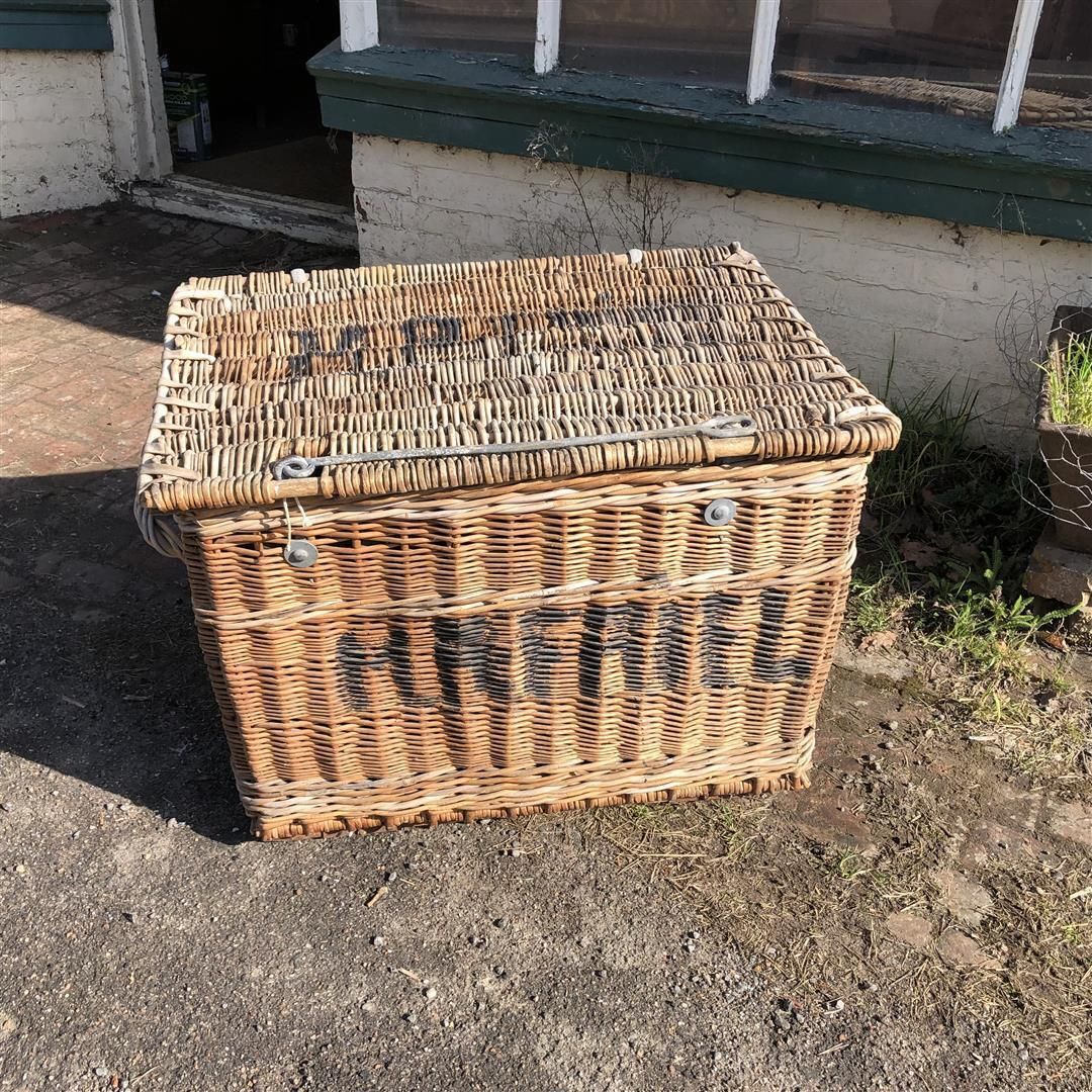 photo buy Large Vintage Hotel Laundry Basket With Lid, On Wheels