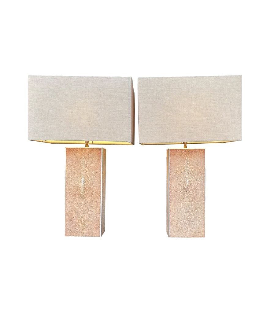 A Pair Of 1960s Pastel Pink Shagreen Lamps With Natural Linen Shades photo for sale