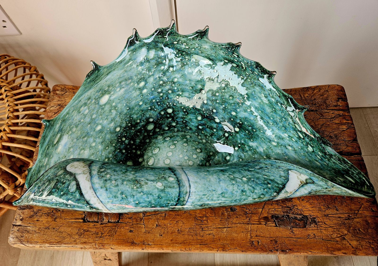 Large And Spectacular, Sea Green, Rolled Glass Shell Ornament, Possibly Murano