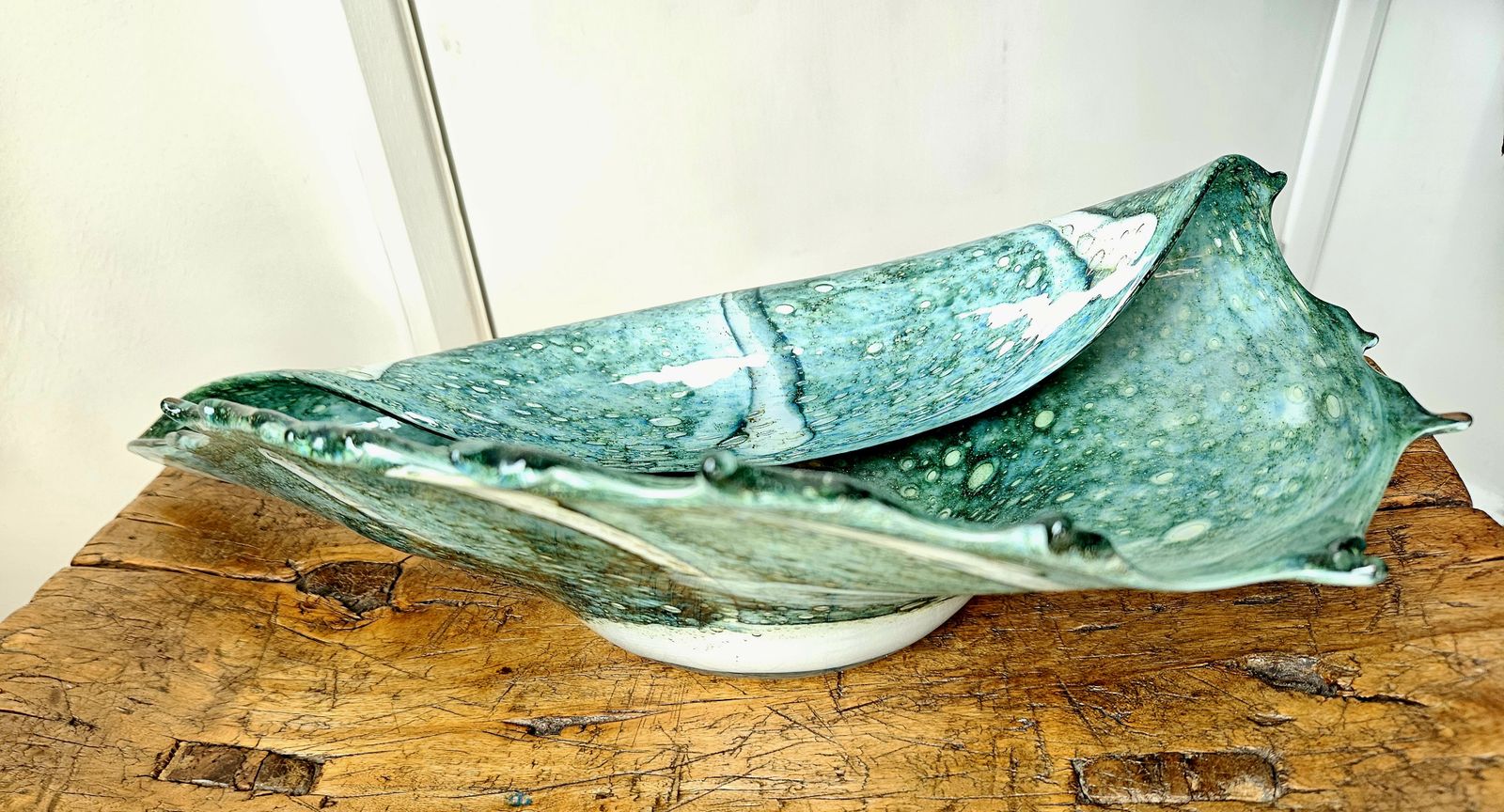 189.0 Large And Spectacular, Sea Green, Rolled Glass Shell Ornament, Possibly Murano photo