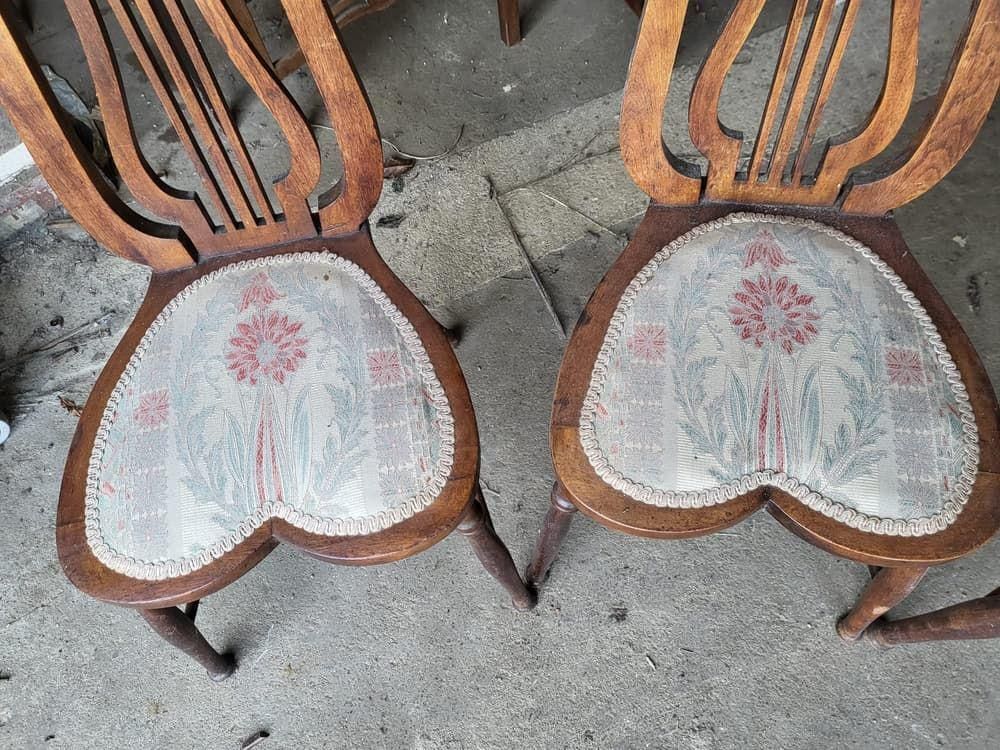 Six Antique Lyre Back Dining Chairs Heart Shaped Seats Turned Legs photo vinterior