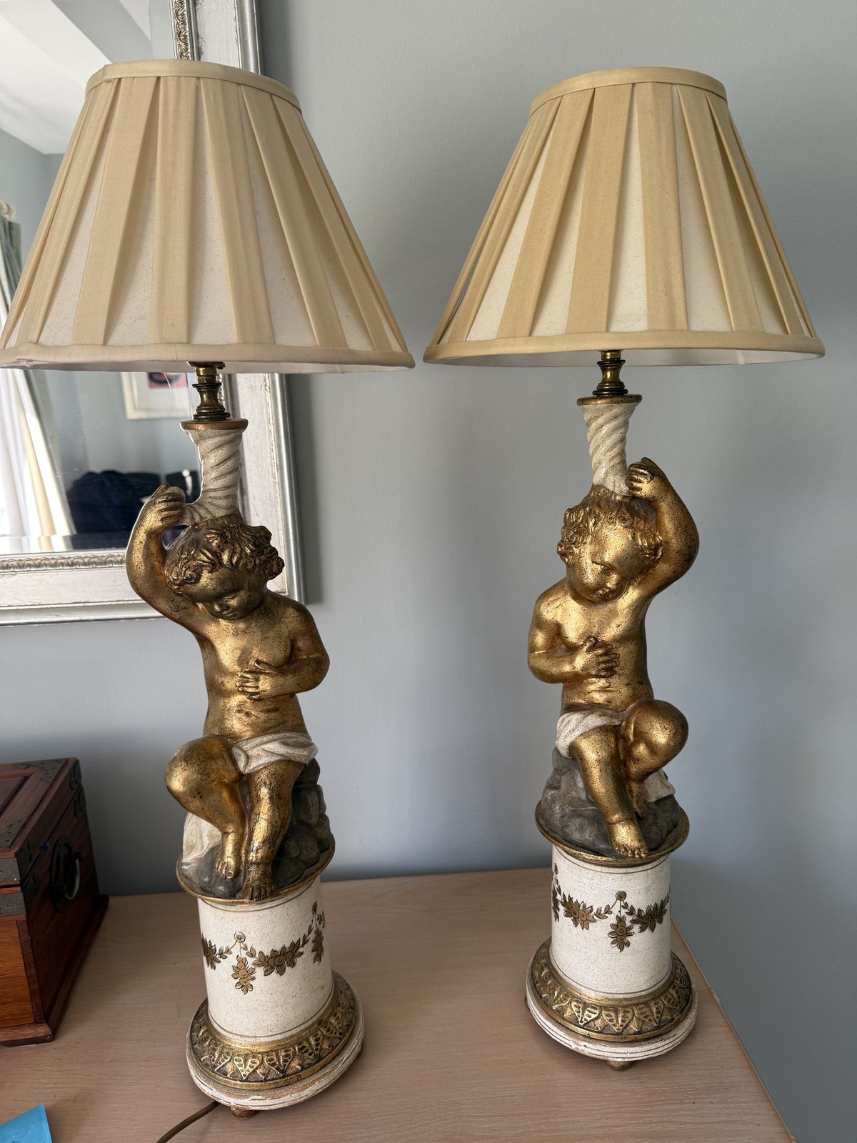 Pair Antique Italian Putti Cherub Cupid Plaster Terracotta Wood Gold Renaissance Lamps