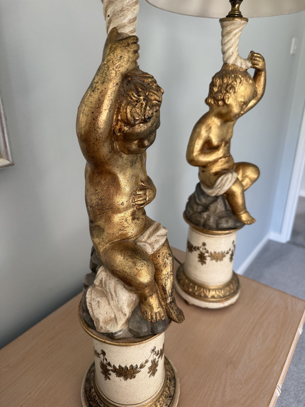 Pair Antique Italian Putti Cherub Cupid Plaster Terracotta Wood Gold Renaissance Lamps photo buy