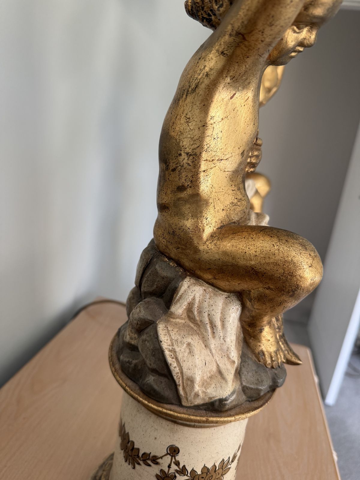 photo for sale Pair Antique Italian Putti Cherub Cupid Plaster Terracotta Wood Gold Renaissance Lamps