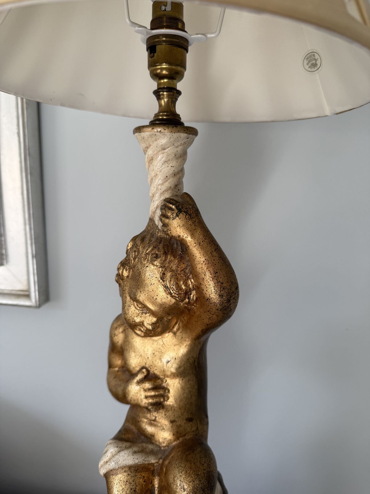 Lighting Pair Antique Italian Putti Cherub Cupid Plaster Terracotta Wood Gold Renaissance Lamps photo