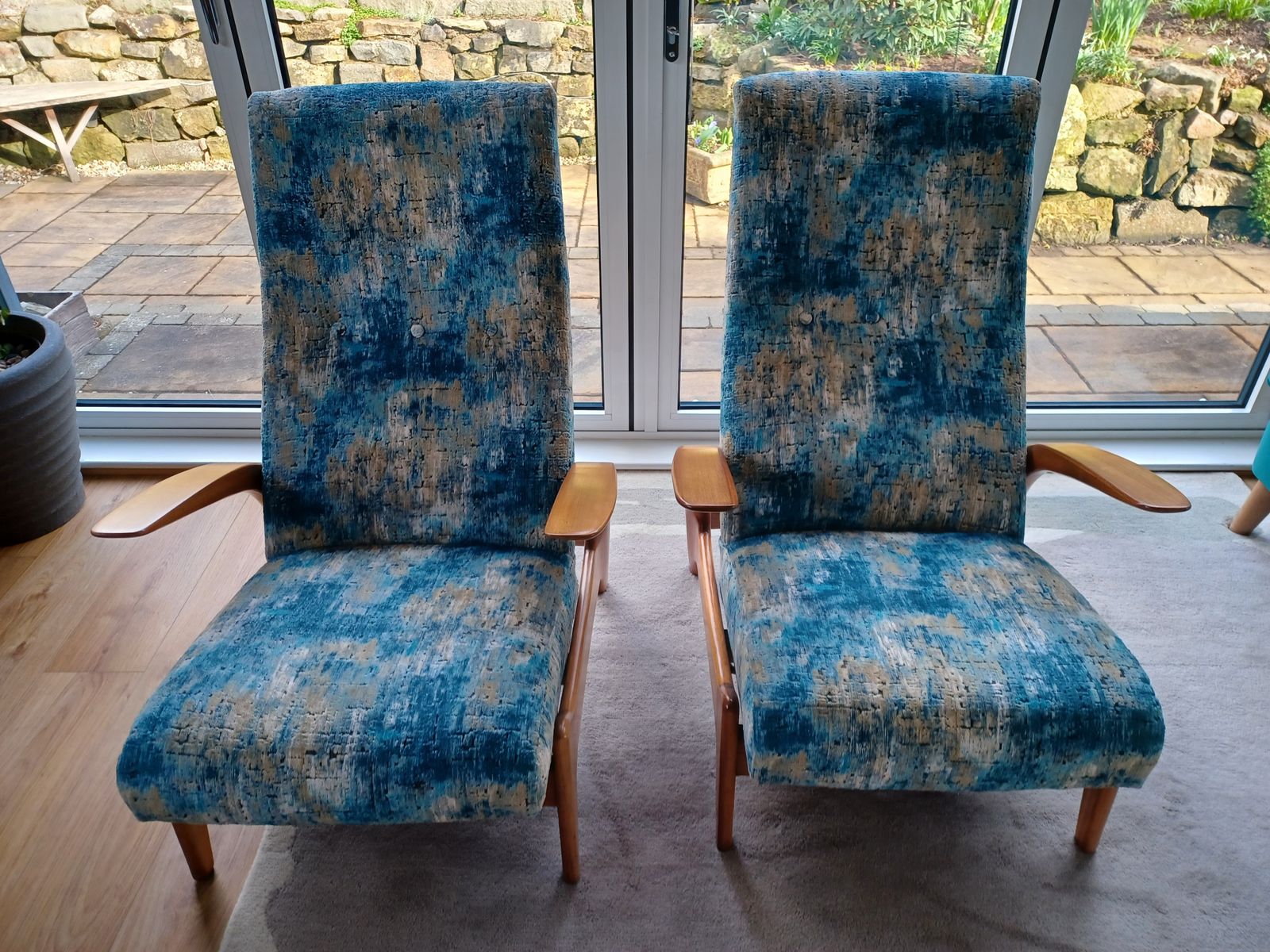 Pair Of Retro Recling Armchairs & Stools photo for sale