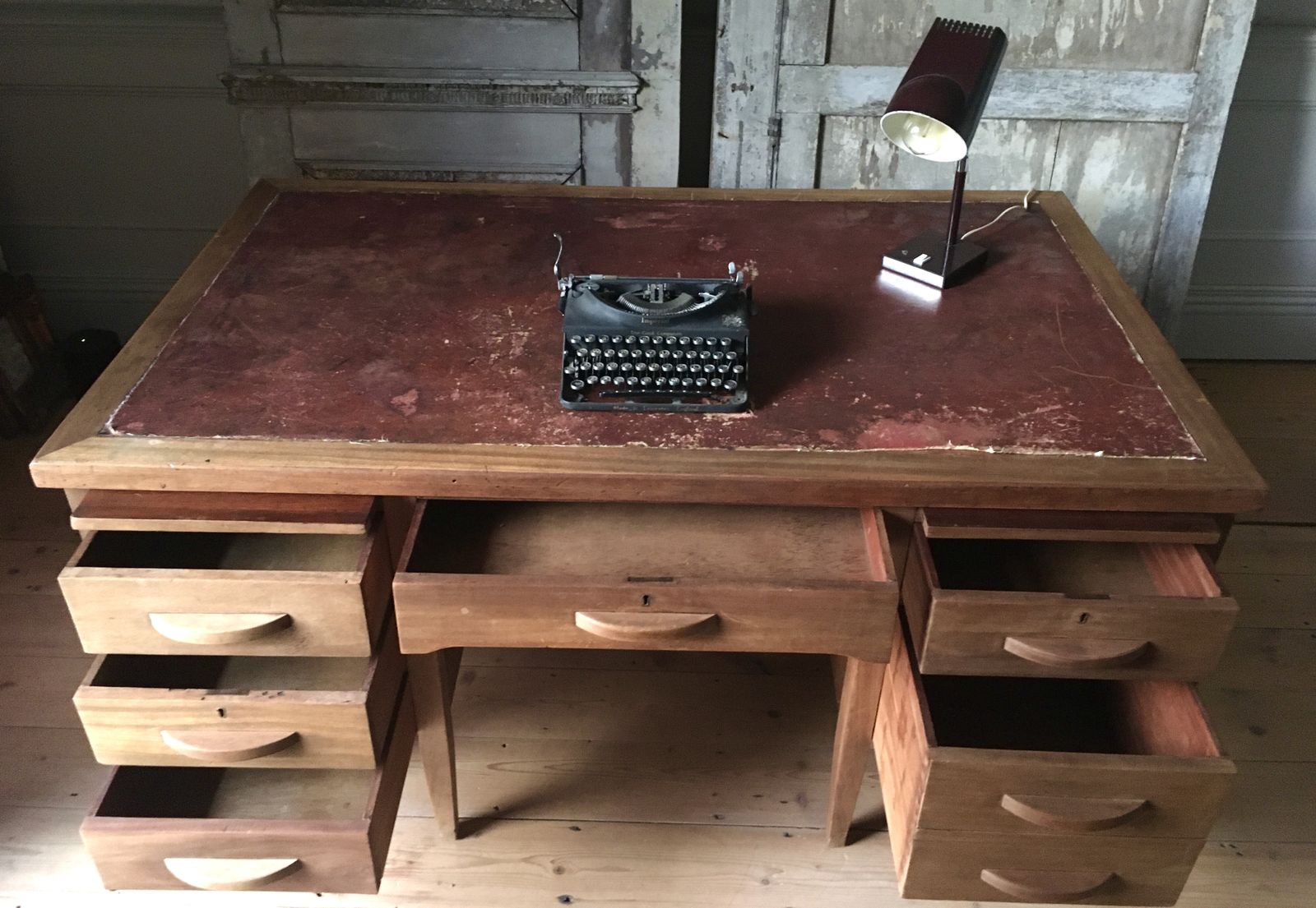 Large 1940s Double Pedestal Wooden Desk photo for sale
