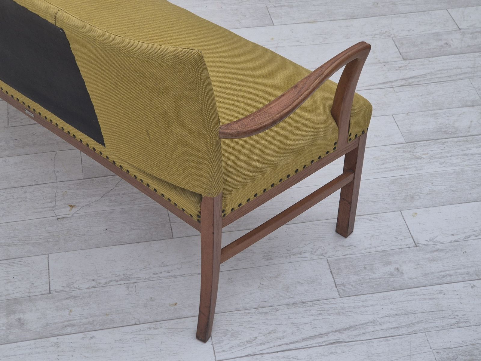 1950s, Danish 2 Seater Sofa By Ehapa Møbler, Original Condition, Wool Fabric, Oak Wood. photo vintage