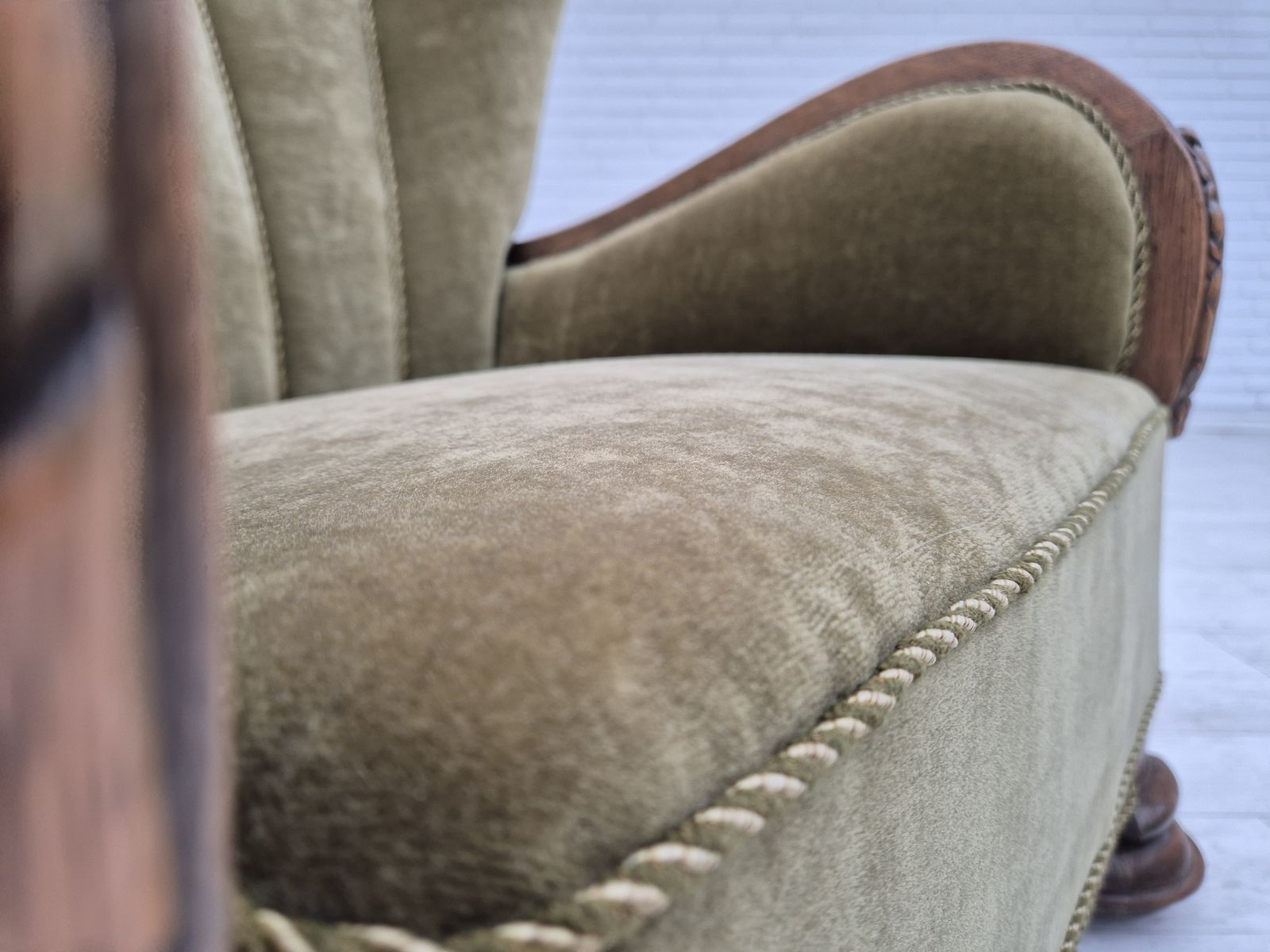 1960s, Danish Relax Armchair, Green Furniture Velour Fabric, Oak Wood. photo 1890.0