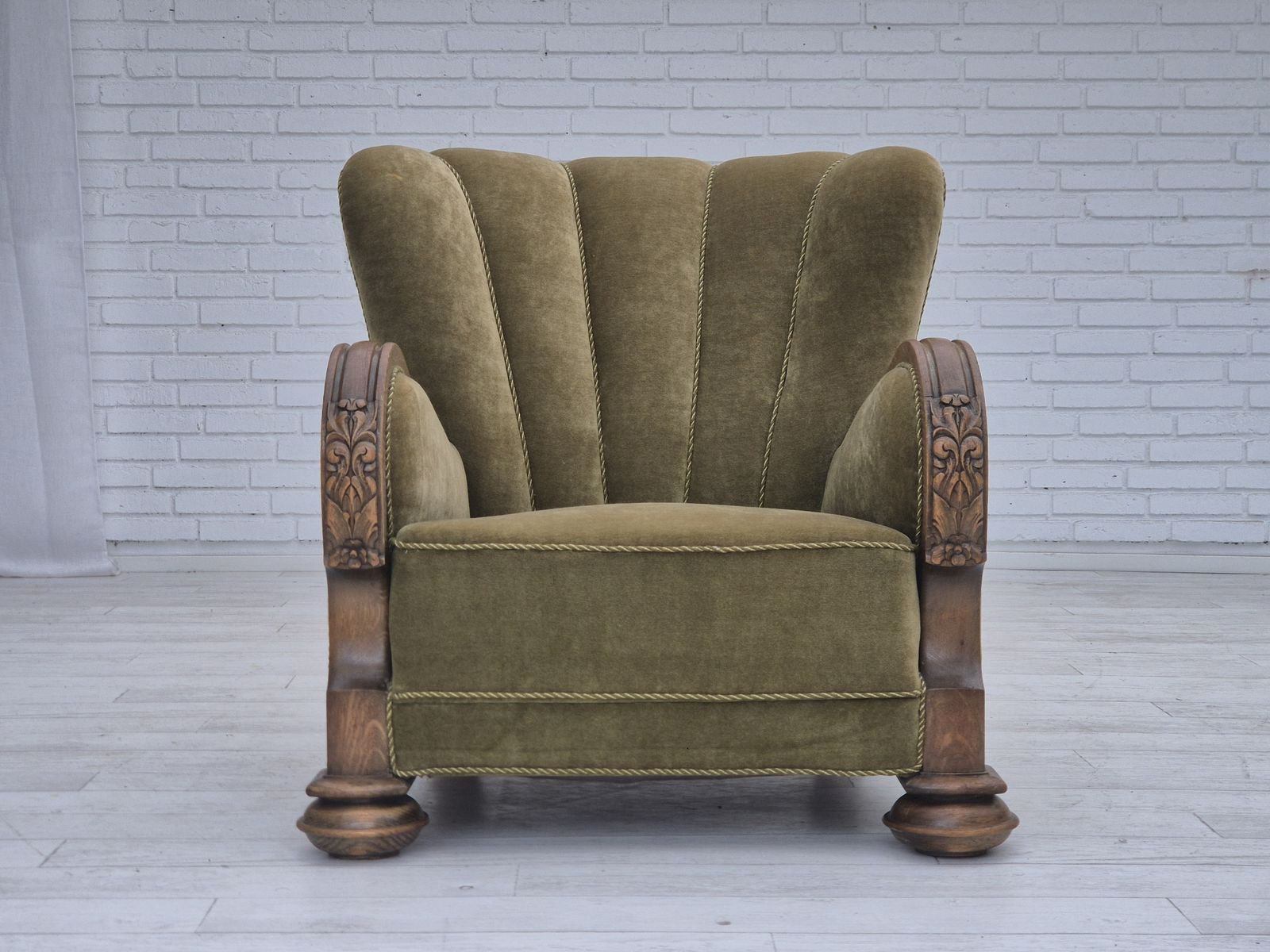1960s, Danish Relax Armchair, Green Furniture Velour Fabric, Oak Wood. photo vintage