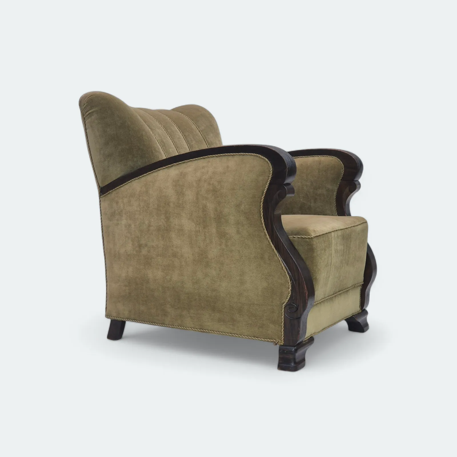 Ca. Jaren 1950, Deense Relaxfauteuil, Groen Meubelvelours, Beukenhout.