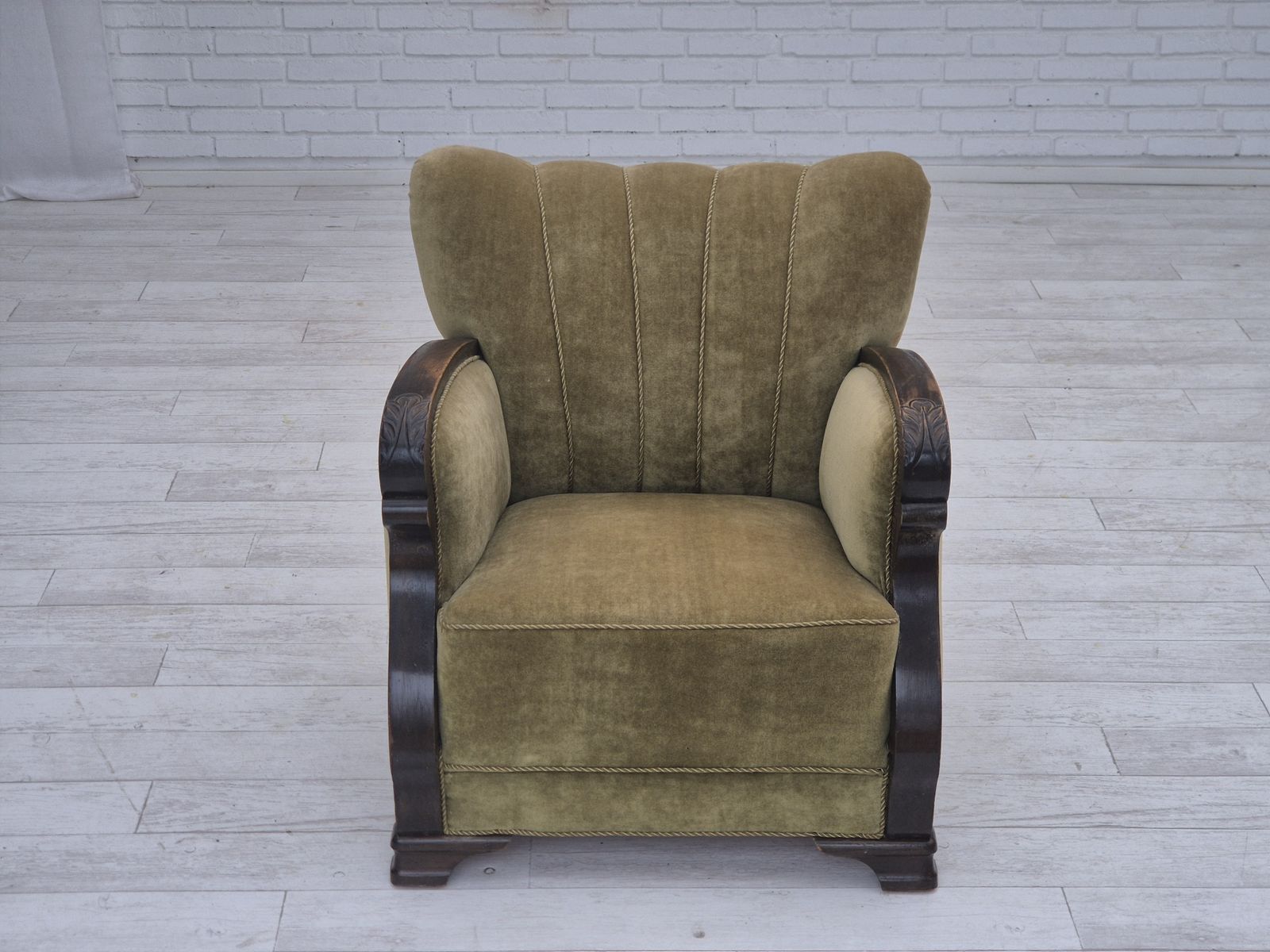 1950s, Danish Relax Armchair, Green Furniture Velour, Beech Wood. photo buy