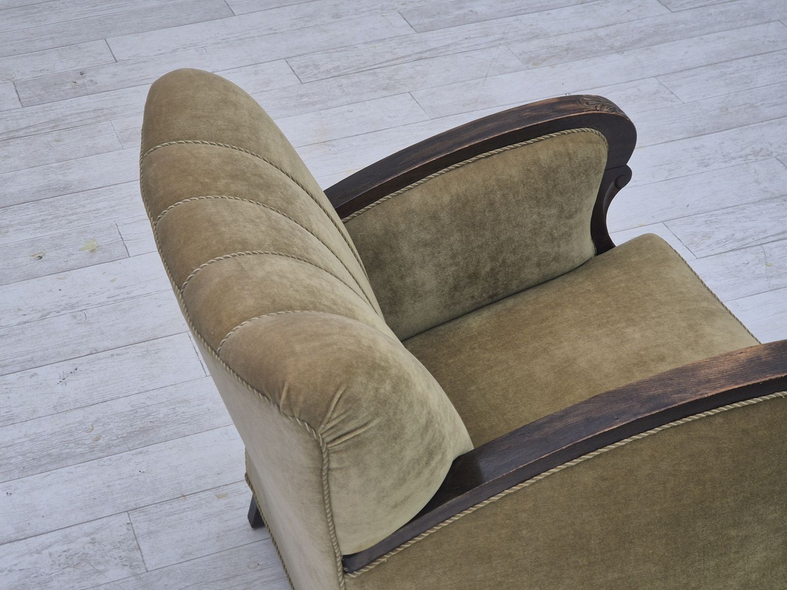 1690.0 1950s, Danish Relax Armchair, Green Furniture Velour, Beech Wood. photo