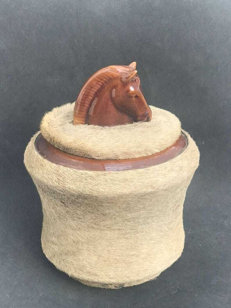 Ceramic Box Longchamp With Lid And Fur, Equestrian Decor Box With Horse Head On Top, Desk Decor Vanity Gift For Man Tobacciana Collection photo buy