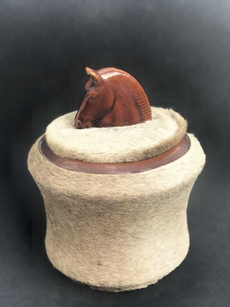 Ceramic Box Longchamp With Lid And Fur, Equestrian Decor Box With Horse Head On Top, Desk Decor Vanity Gift For Man Tobacciana Collection photo vintage