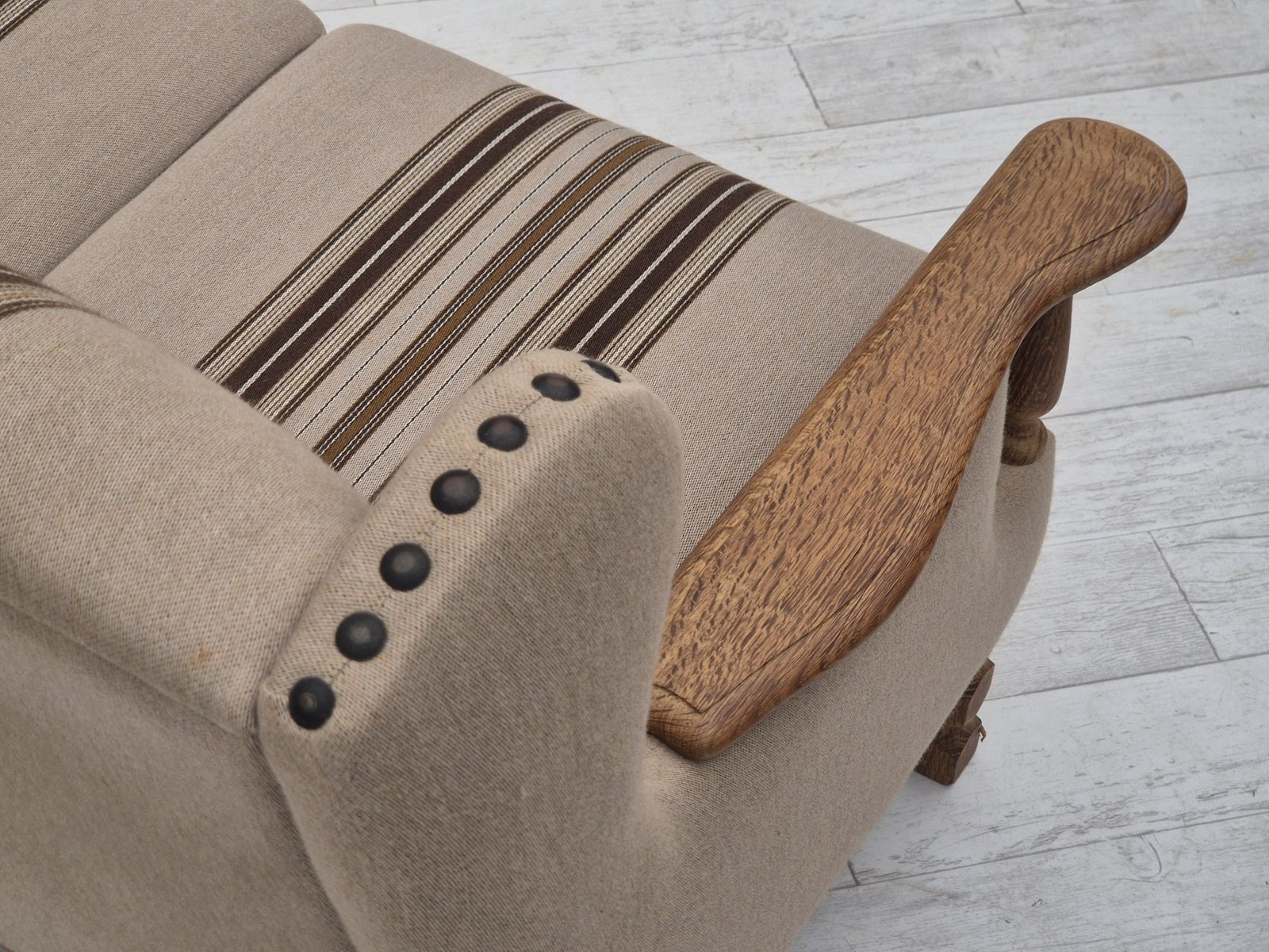 photo for sale 1970s, Danish 3 Seater Sofa, Furniture Wool Fabric, Oak Wood, Original Condition.