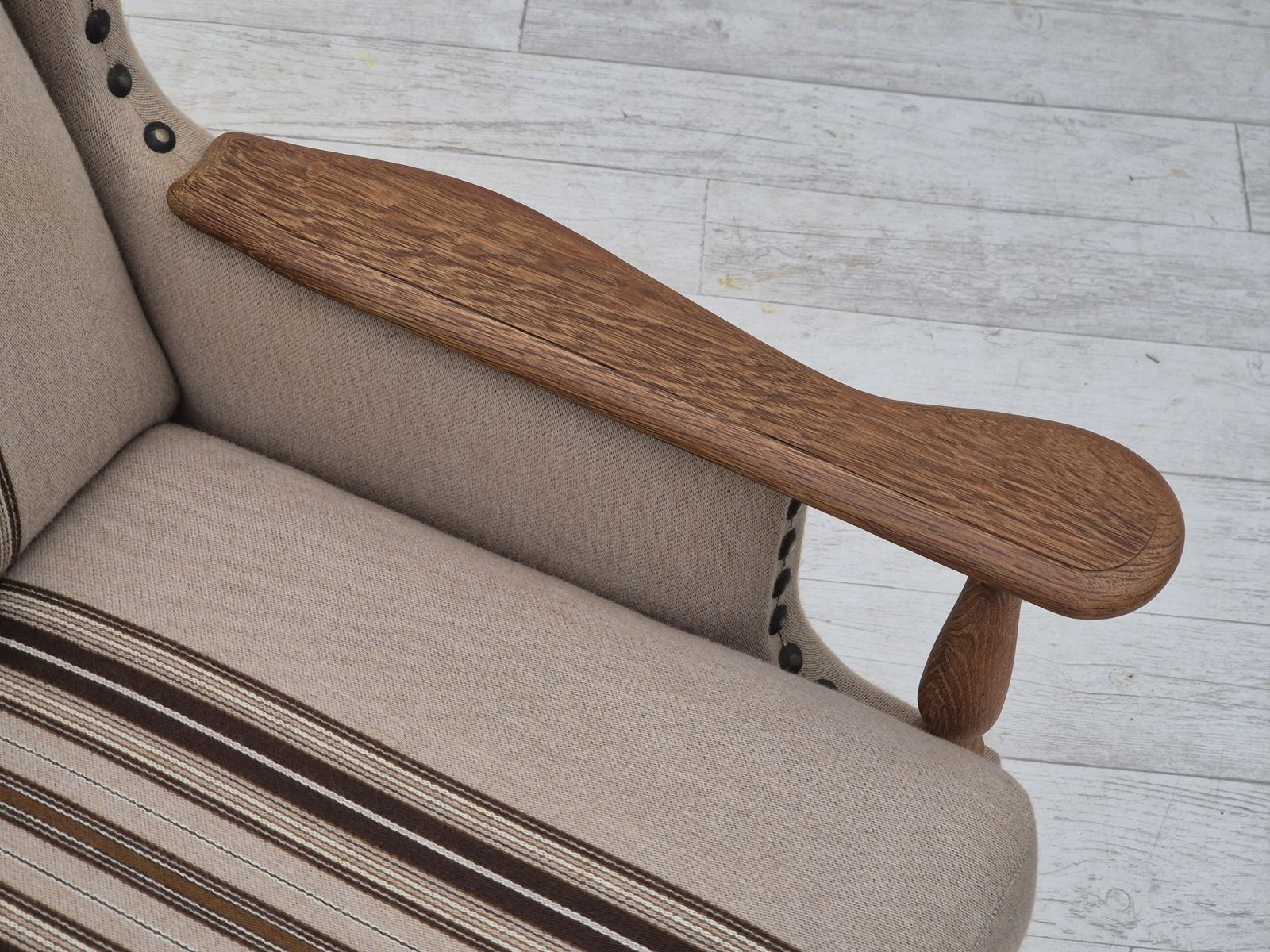 photo buy 1970s, Danish 3 Seater Sofa, Furniture Wool Fabric, Oak Wood, Original Condition.