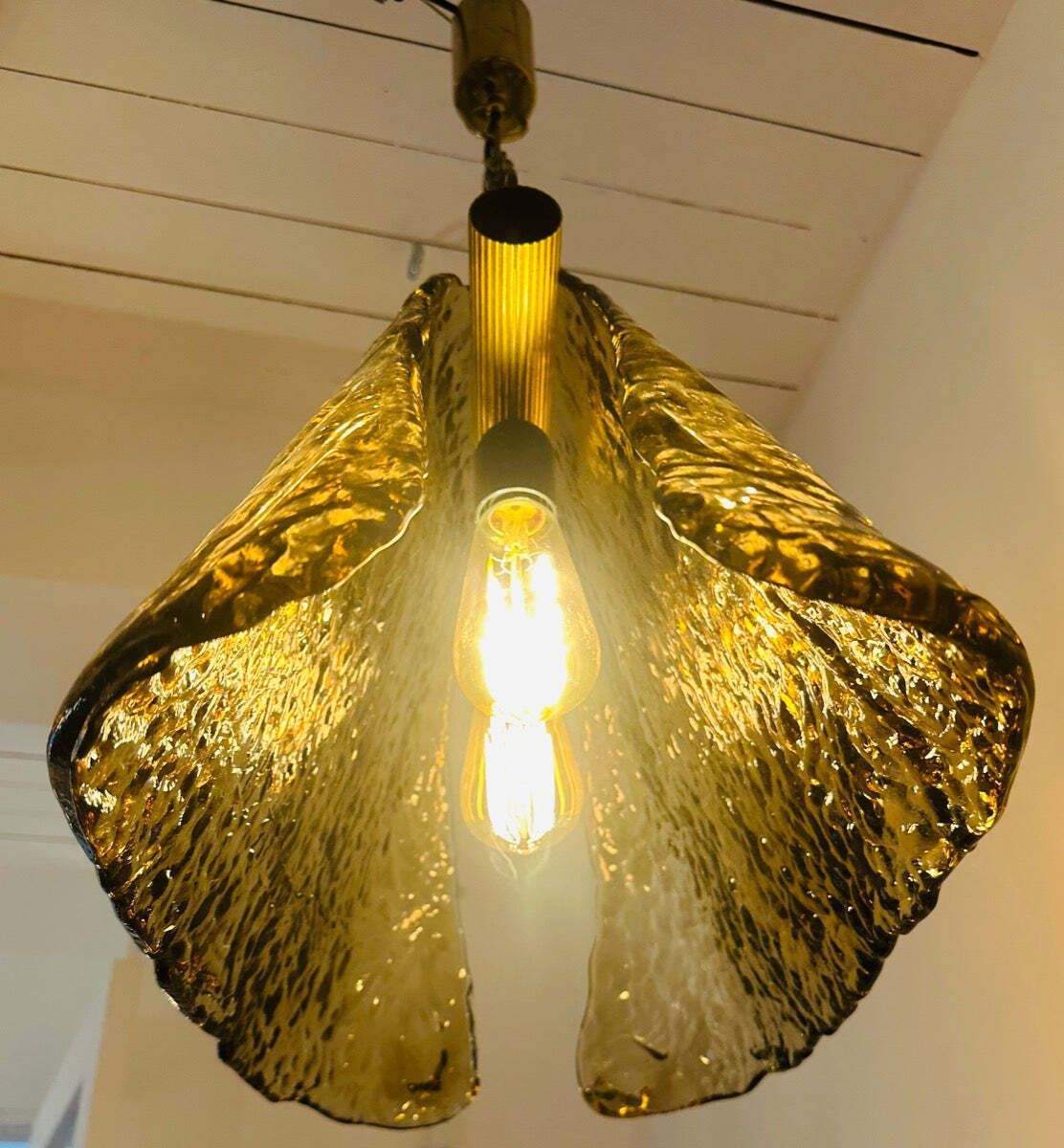 1960s Vintage Carlo Nason For Mazzega Polished Ribbed Brass And Murano Glass Hanging Ceiling Light photo vintage