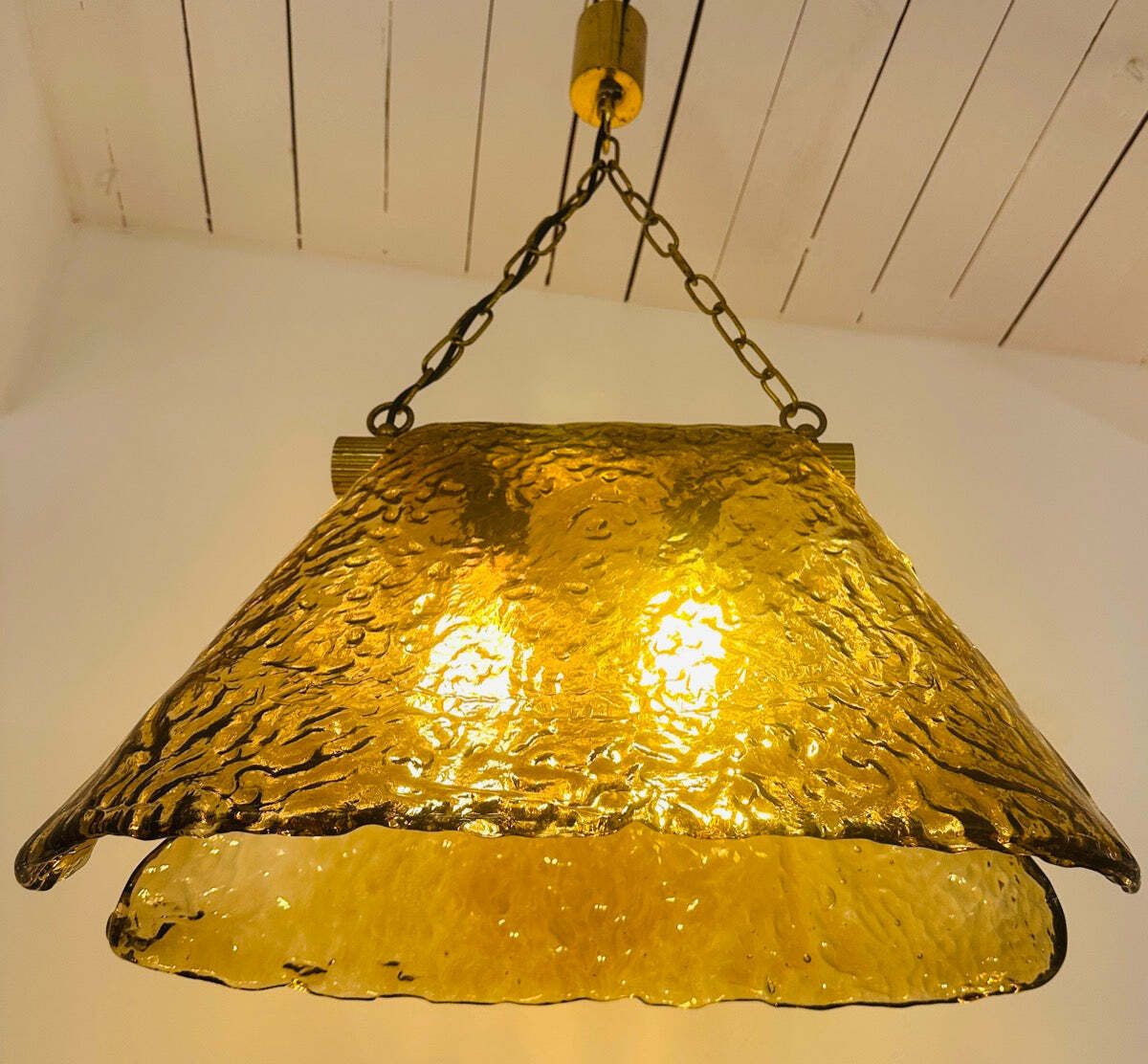 photo for sale 1960s Vintage Carlo Nason For Mazzega Polished Ribbed Brass And Murano Glass Hanging Ceiling Light
