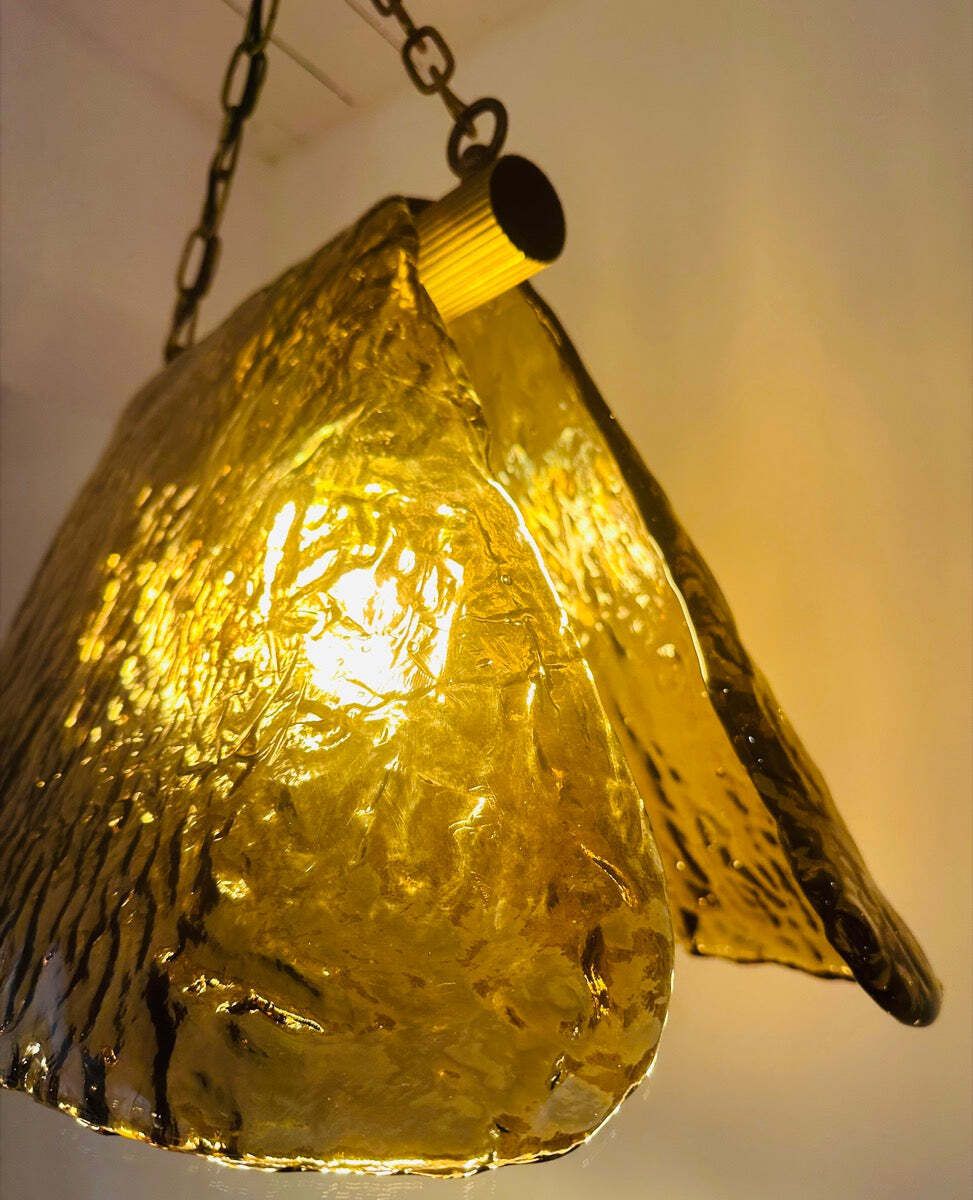 photo vinterior 1960s Vintage Carlo Nason For Mazzega Polished Ribbed Brass And Murano Glass Hanging Ceiling Light