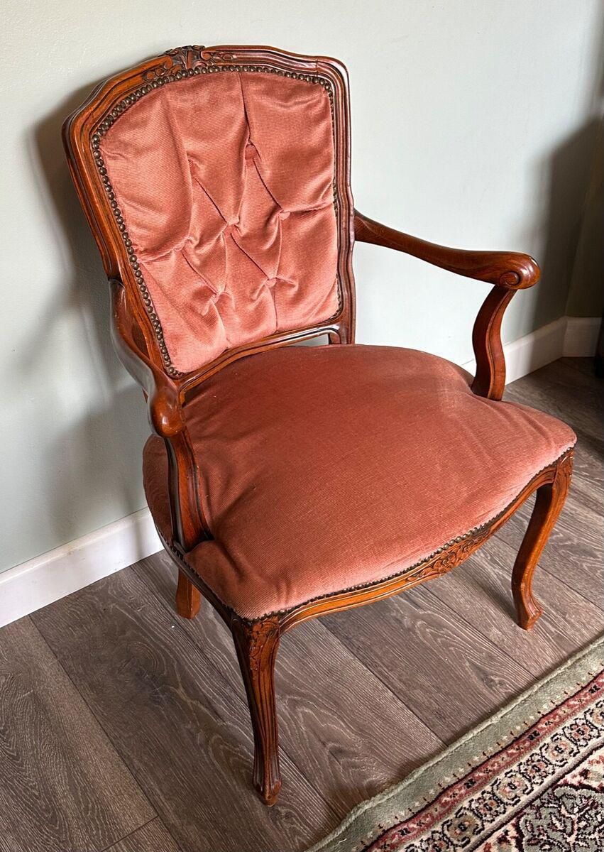 Antique French Provincial Carved Walnut Arm Chair Bedroom Chair Button Backed